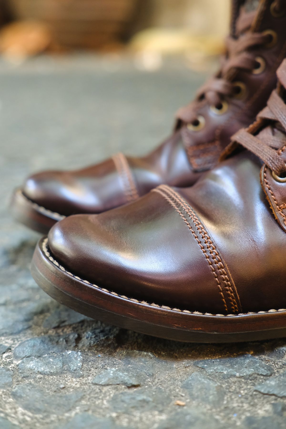 Photo by Boot.Stomp on June 20, 2026 of the Willie's Handmade Boots Cap Toe Service Boot in Maryam Olive Horserump Overdyed Dark Brown.