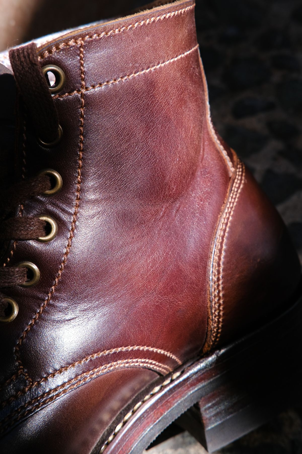 Photo by Boot.Stomp on June 20, 2026 of the Willie's Handmade Boots Cap Toe Service Boot in Maryam Olive Horserump Overdyed Dark Brown.