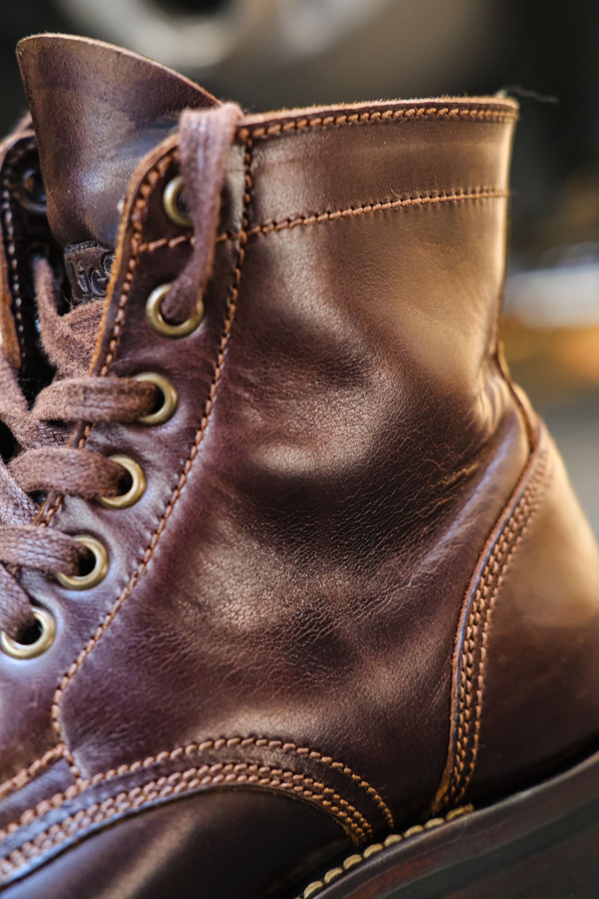 Photo by Boot.Stomp on June 20, 2026 of the Willie's Handmade Boots Cap Toe Service Boot in Maryam Olive Horserump Overdyed Dark Brown.