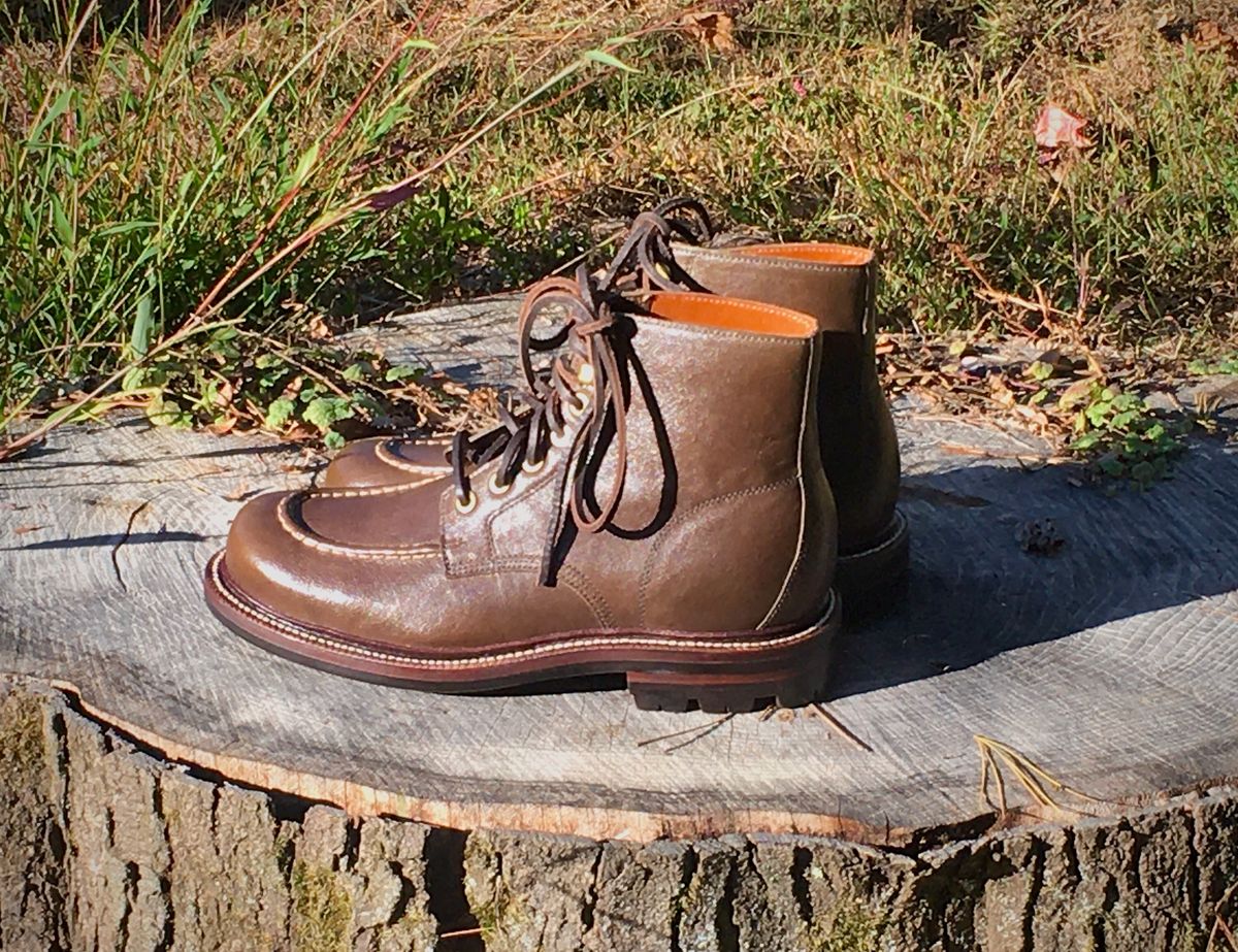 Photo by Bossa on October 10, 2024 of the Grant Stone Brass Boot in Incas Jungle Kangaroo.