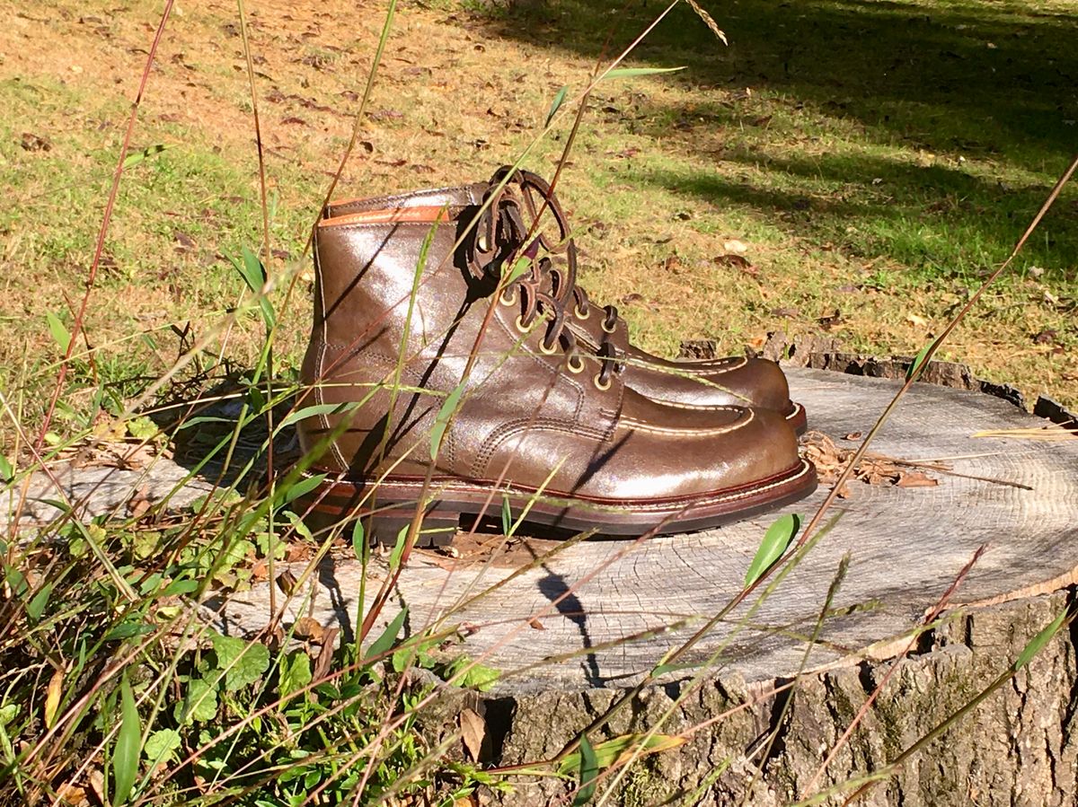 Photo by Bossa on October 10, 2024 of the Grant Stone Brass Boot in Incas Jungle Kangaroo.