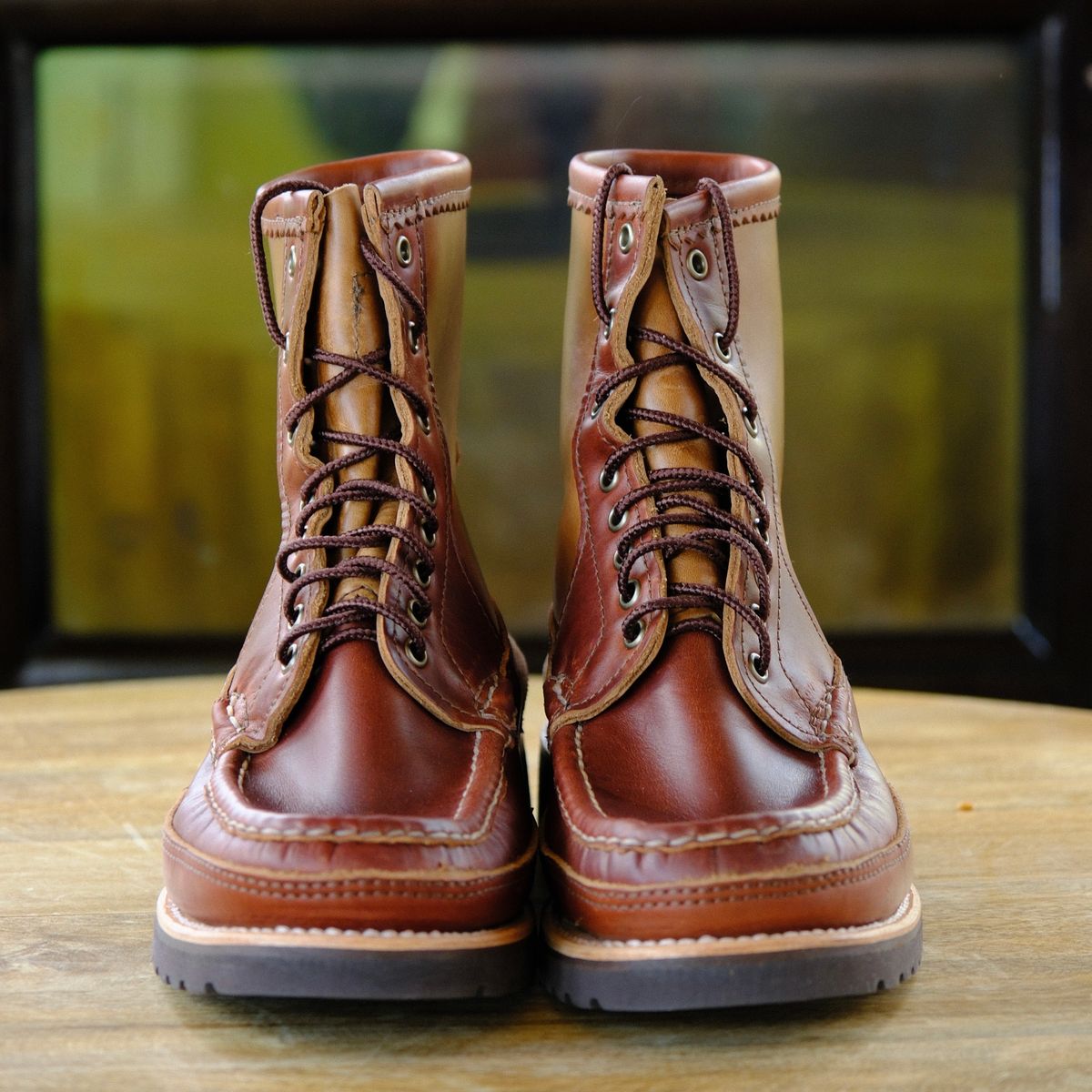 Photo by stitchdown_collabs on October 15, 2024 of the Russell Moccasin Co. Stitchdown X Russell Moccasin “Doppio” PH in Seidel British Tan Double Shot & Seidel Sesame Double Shot.
