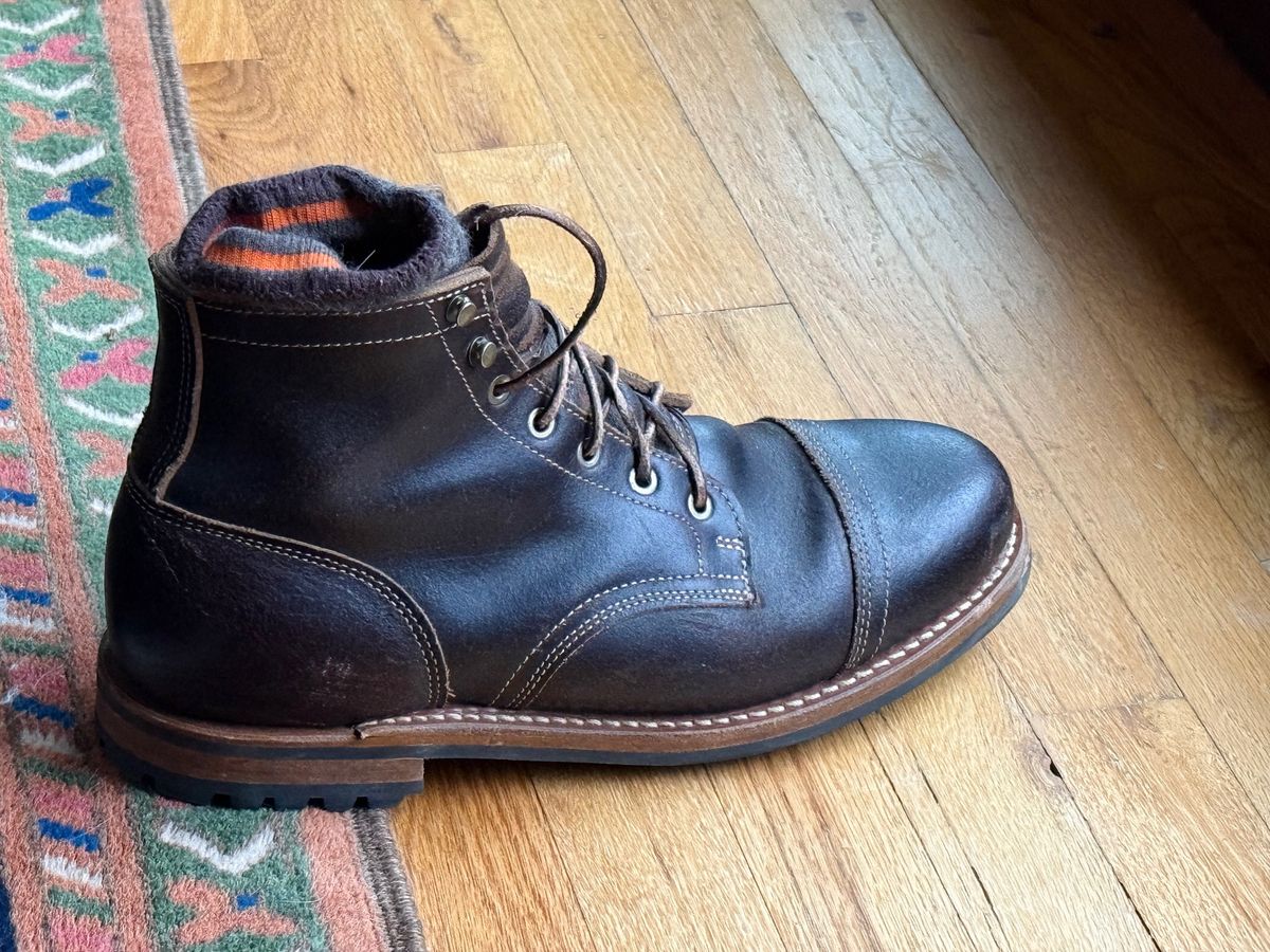 Photo by Mike on July 16, 2025 of the Truman Cap Toe Boot in Horween Java Waxed Flesh.