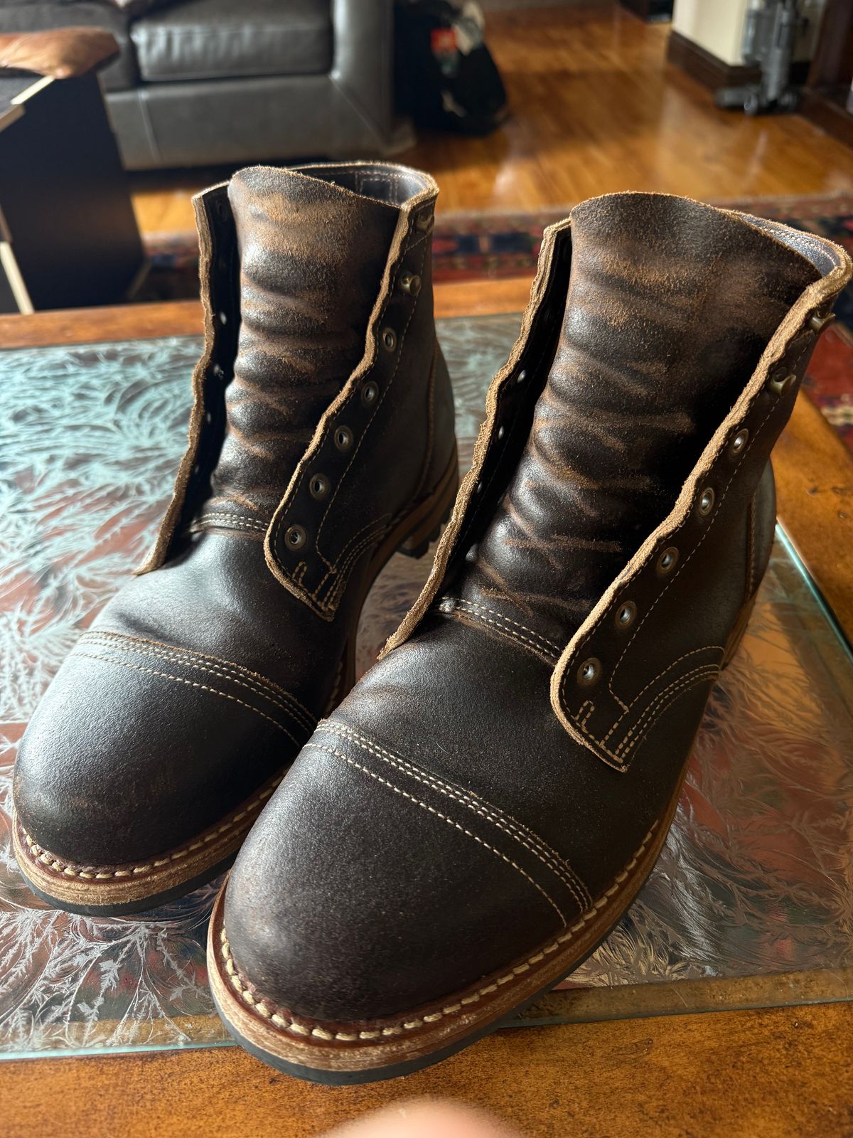 Photo by Mike on July 22, 2025 of the Truman Cap Toe Boot in Horween Java Waxed Flesh.