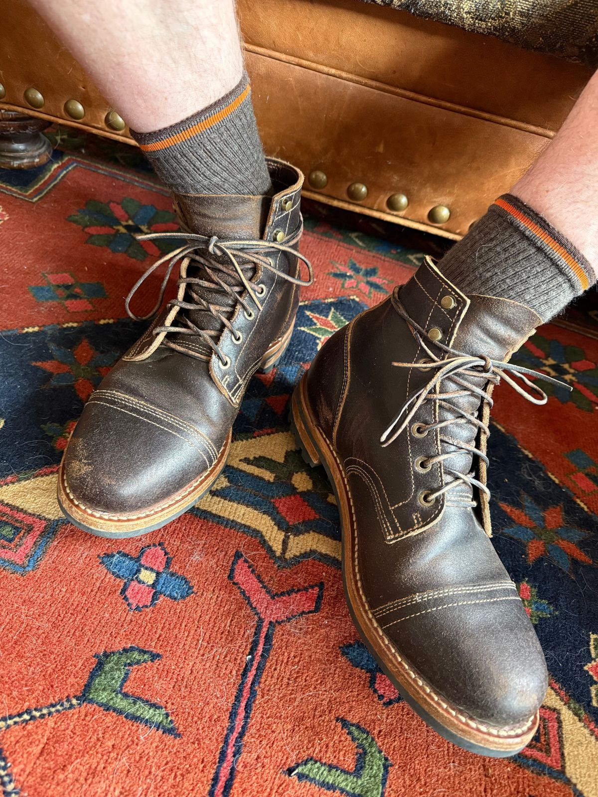 Photo by Mike on August 14, 2025 of the Truman Cap Toe Boot in Horween Java Waxed Flesh.