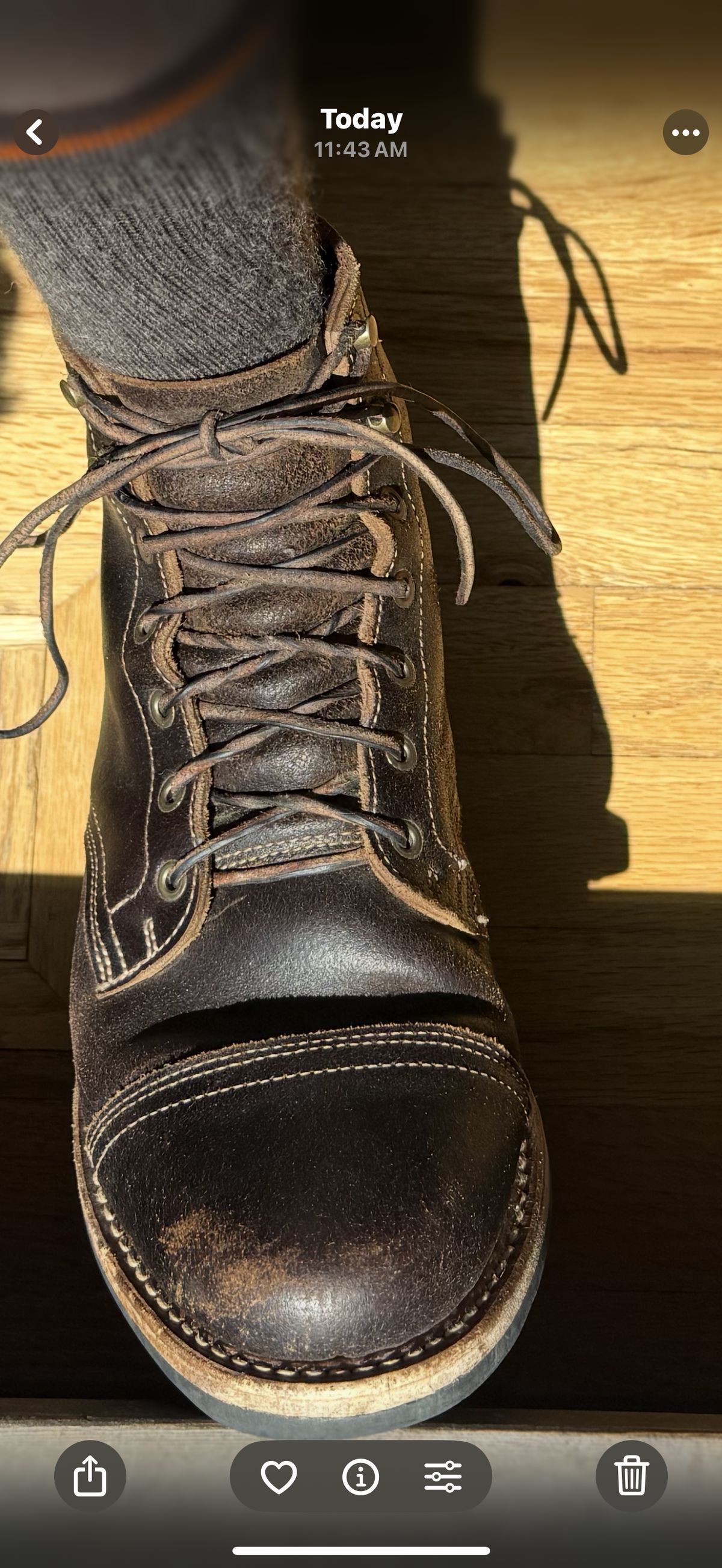 Photo by Mike on September 2, 2025 of the Truman Cap Toe Boot in Horween Java Waxed Flesh.