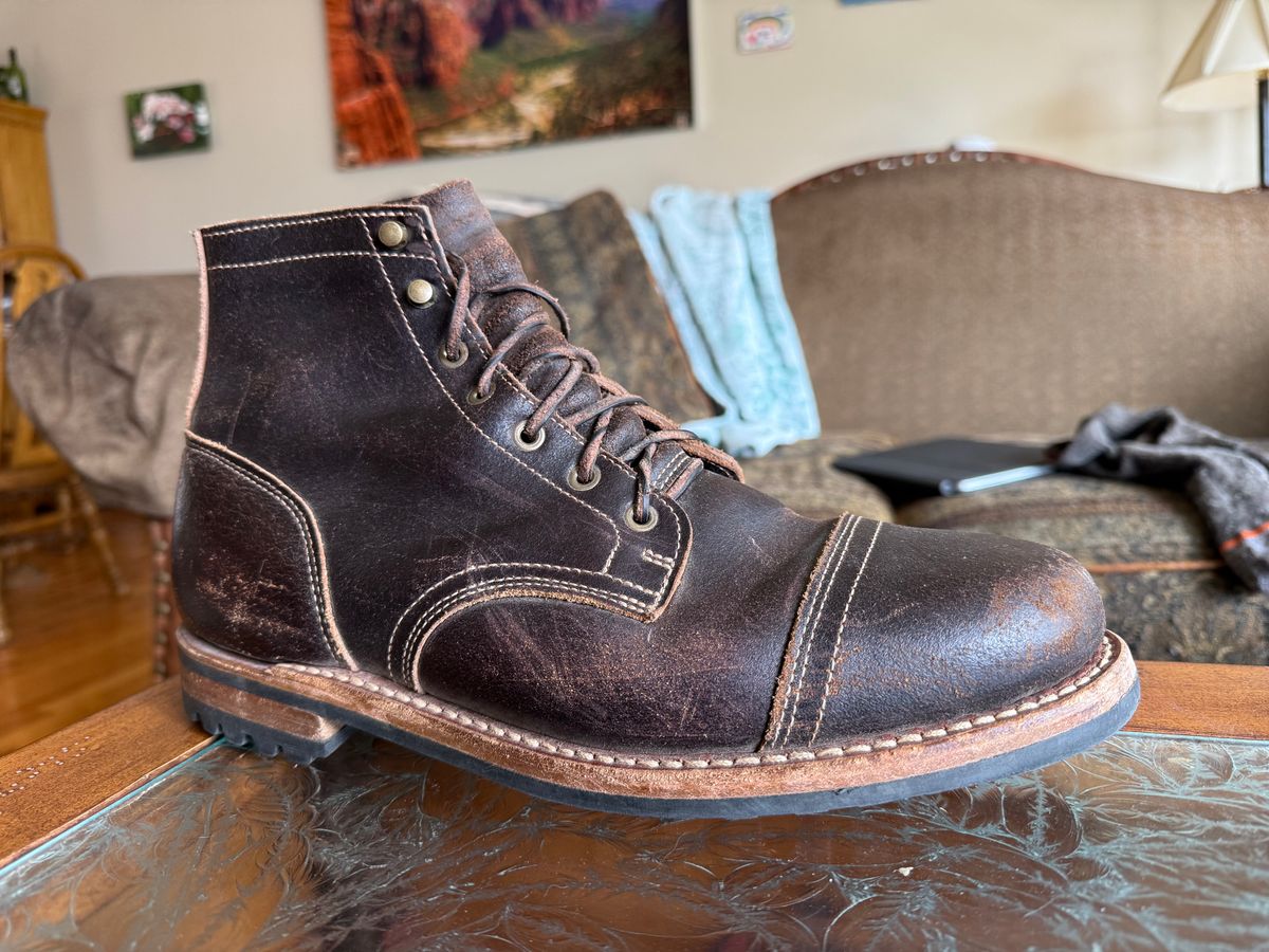 Photo by Mike on September 21, 2025 of the Truman Cap Toe Boot in Horween Java Waxed Flesh.
