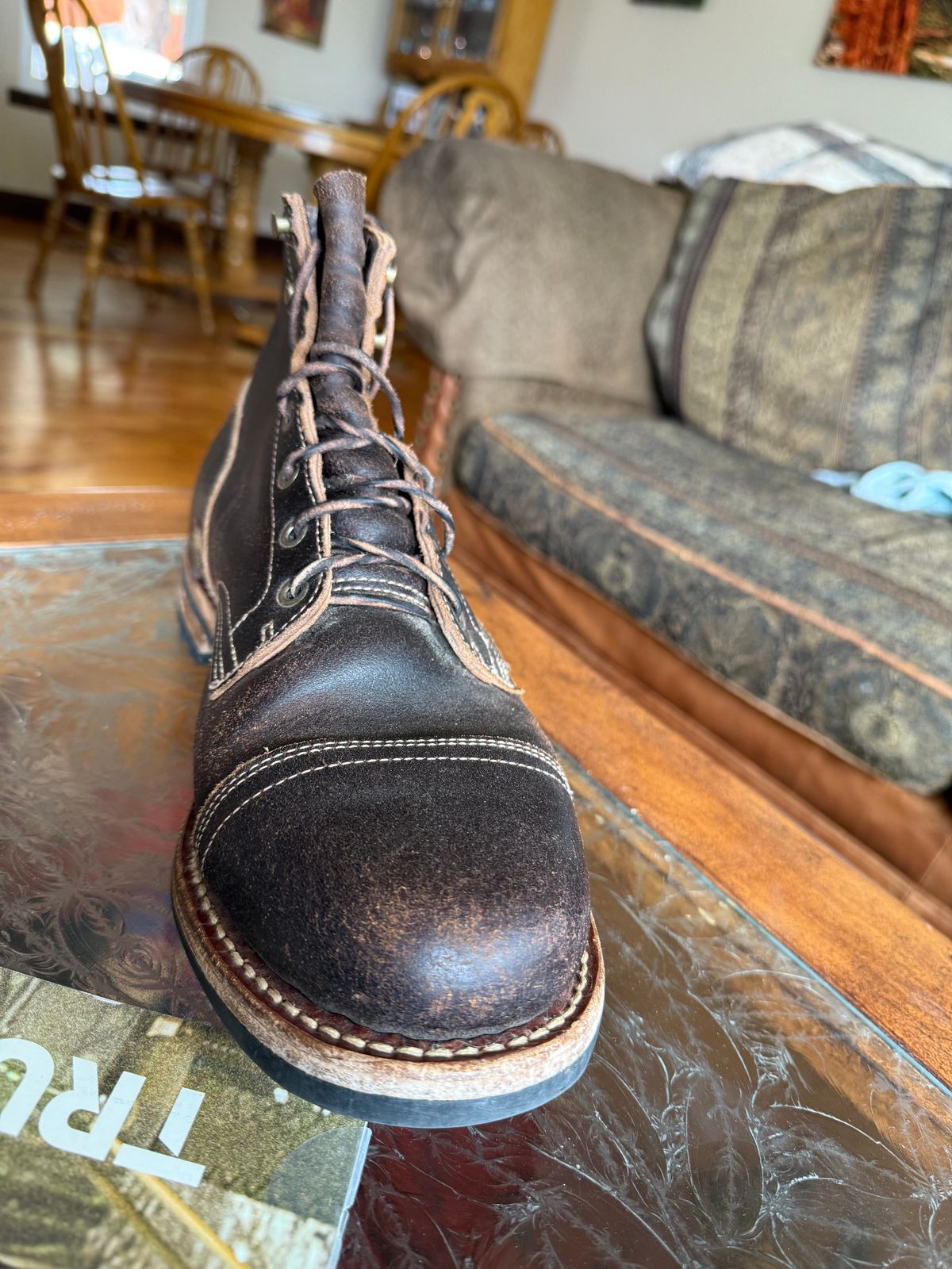 Photo by Mike on September 21, 2025 of the Truman Cap Toe Boot in Horween Java Waxed Flesh.