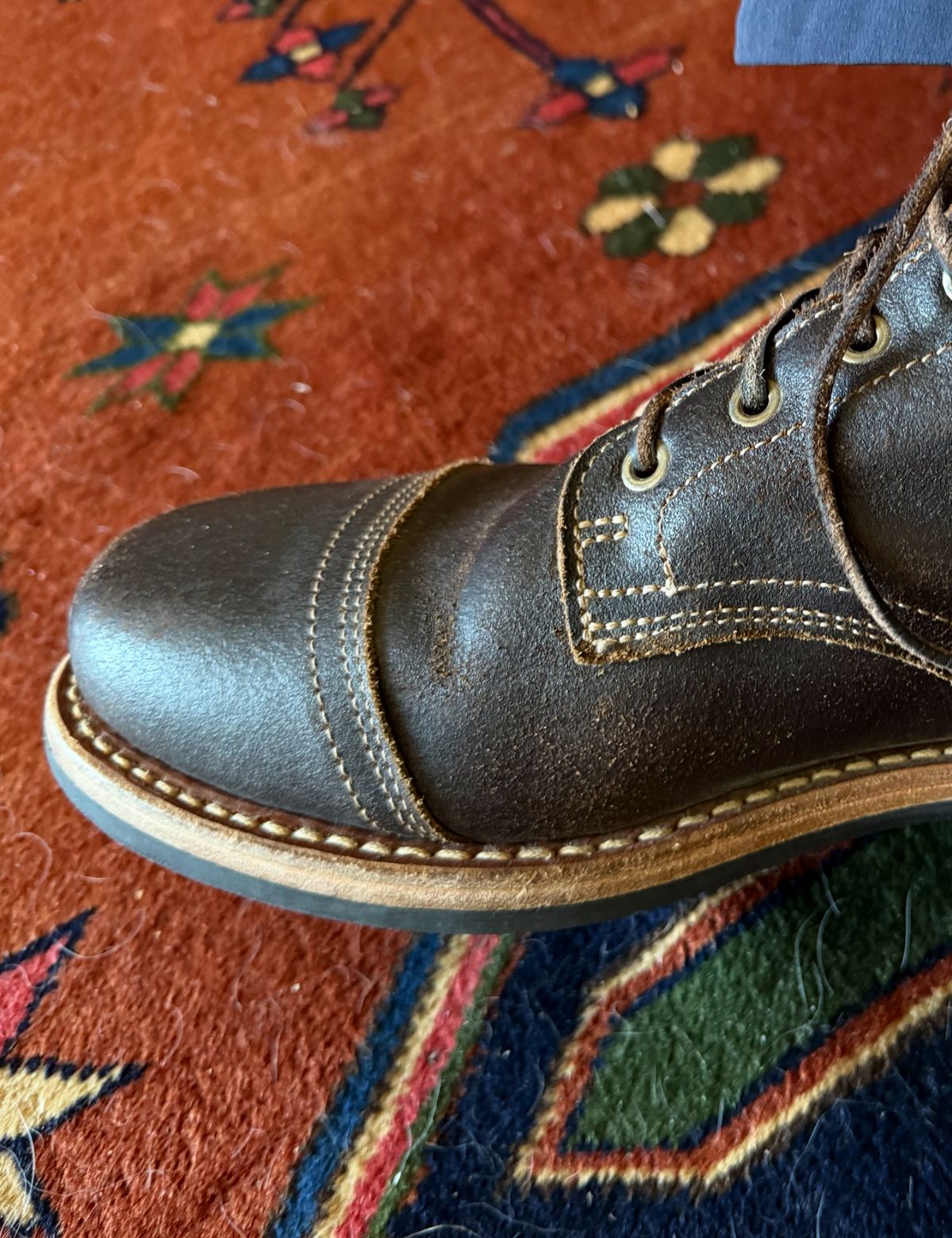 Photo by Mike on September 21, 2025 of the Truman Cap Toe Boot in Horween Java Waxed Flesh.