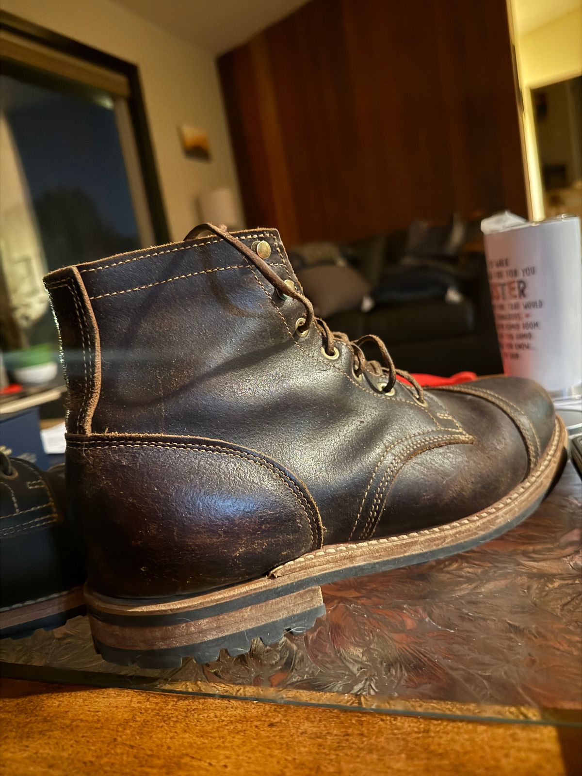 Photo by Mike on February 10, 2026 of the Truman Cap Toe Boot in Horween Java Waxed Flesh.