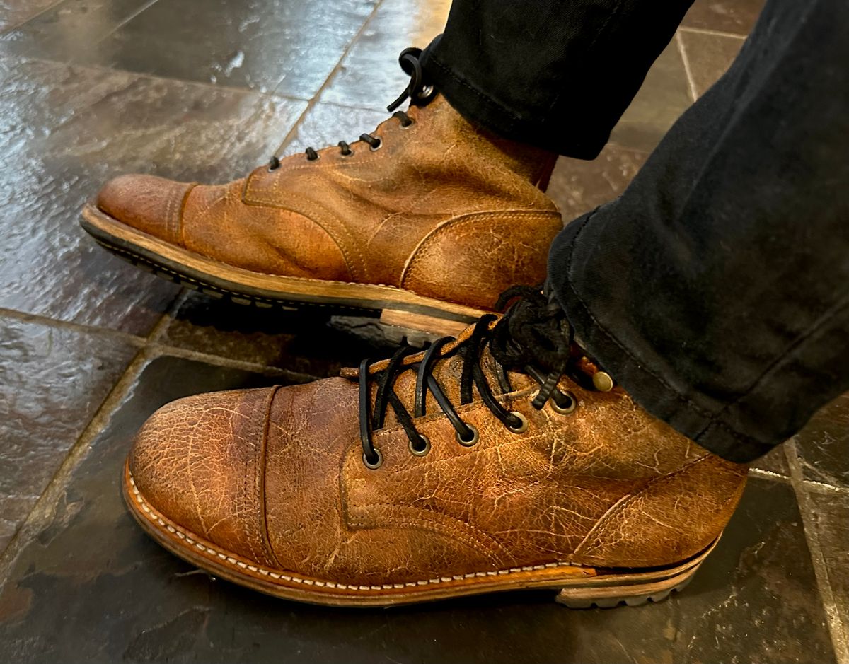 Photo by Mario357 on November 22, 2025 of the Truman Cap Toe Boot in C.F. Stead Coach Rambler.