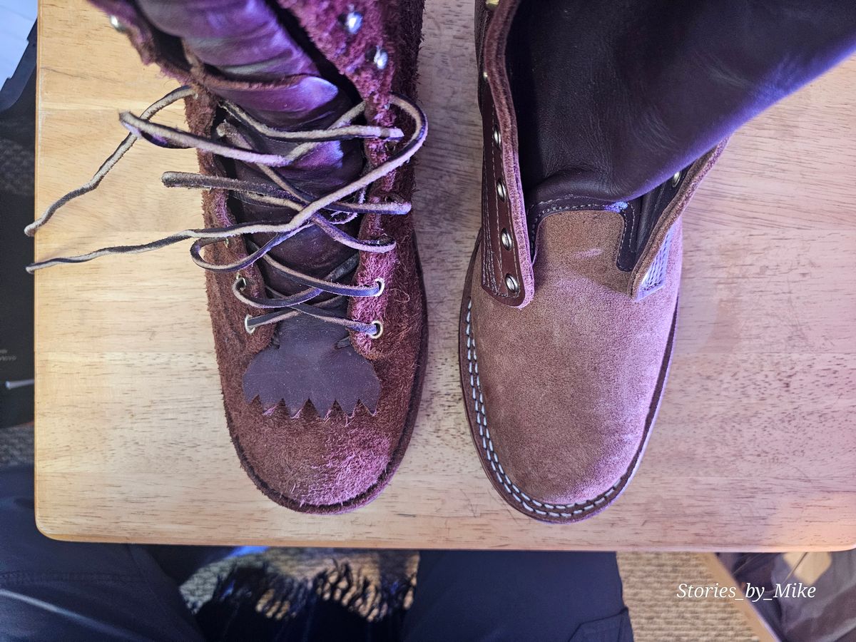 Photo by MTrump on October 25, 2024 of the Drew's Boots 10-inch LTT Roughout Logger in Brown Roughout.