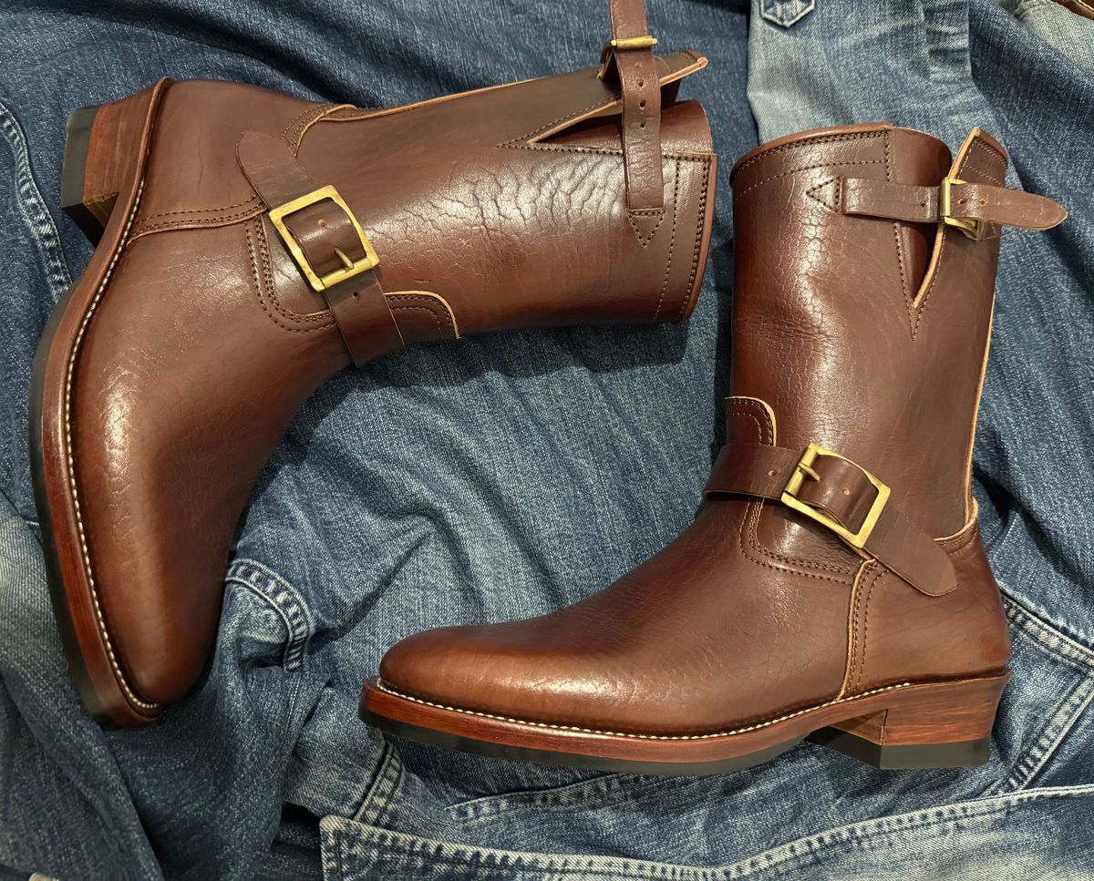 Photo by indigoworker on October 31, 2025 of the Benzein The Keeper 'Type 2' Engineer Boot in Horween Horsehide Overdyed Dark Brown.