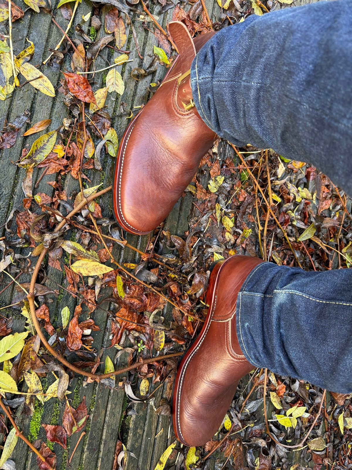 Photo by indigoworker on November 2, 2025 of the Benzein The Keeper 'Type 2' Engineer Boot in Natural Oiled Horsebutt Overdyed Brown.