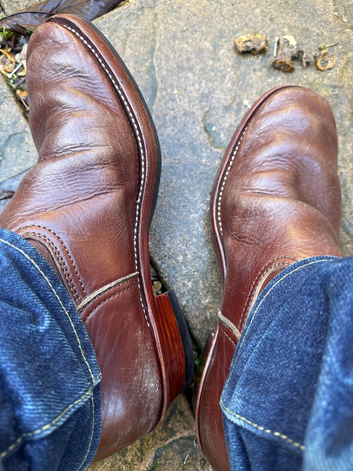 Photo by indigoworker on December 2, 2025 of the Benzein The Keeper 'Type 2' Engineer Boot in Shinki Natural Oiled Horsebutt Overdyed Brown.
