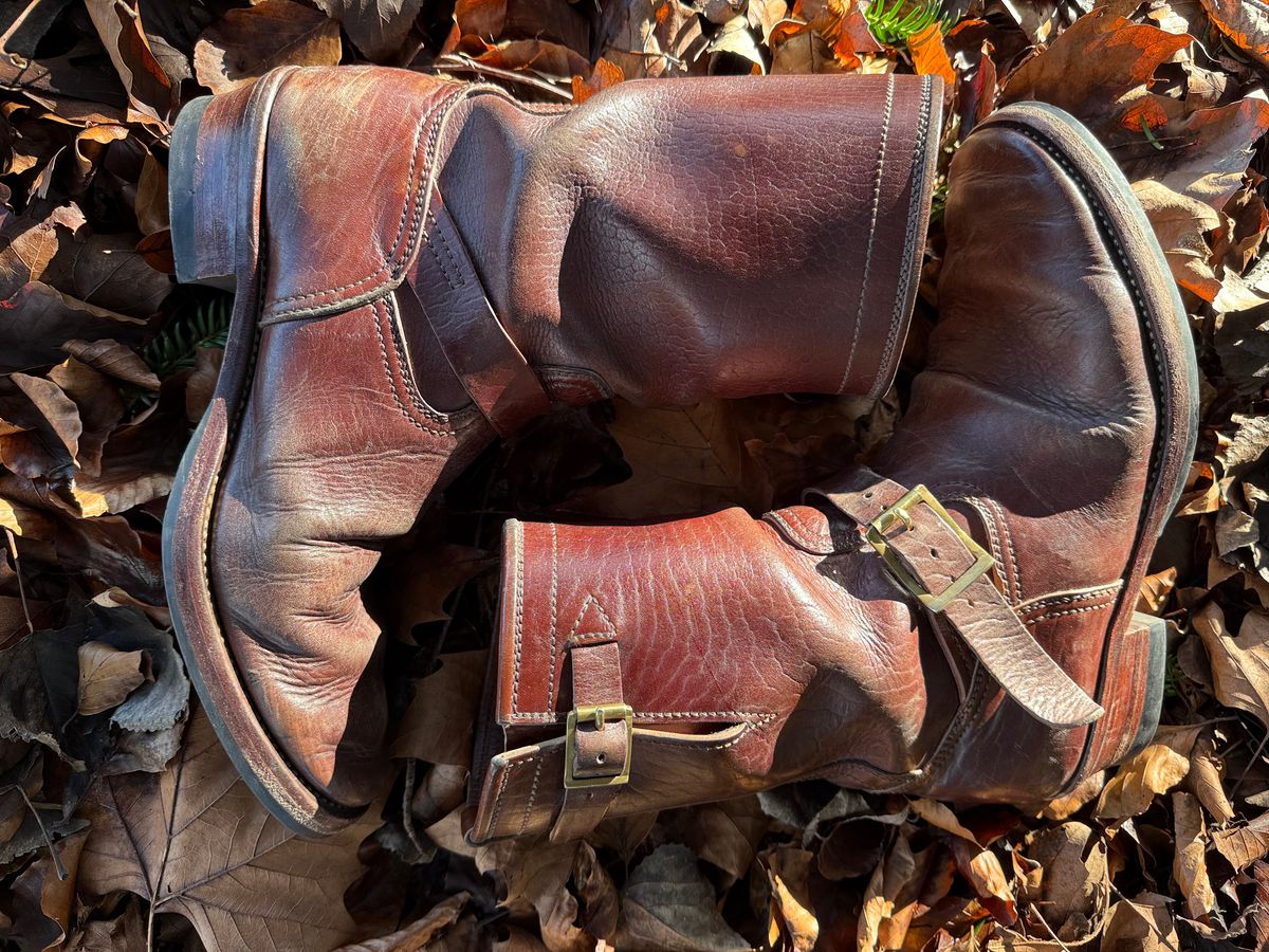 Photo by indigoworker on February 4, 2026 of the Benzein The Keeper 'Type 2' Engineer Boot in Shinki Natural Oiled Horsebutt Overdyed Brown.