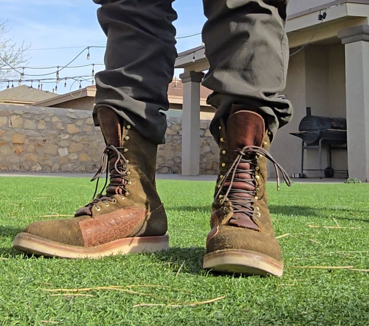 Photo by Green_Shoe on February 25, 2026 of the Frank's Boots Ground Pounder in Moss Green Big Horn Bison.