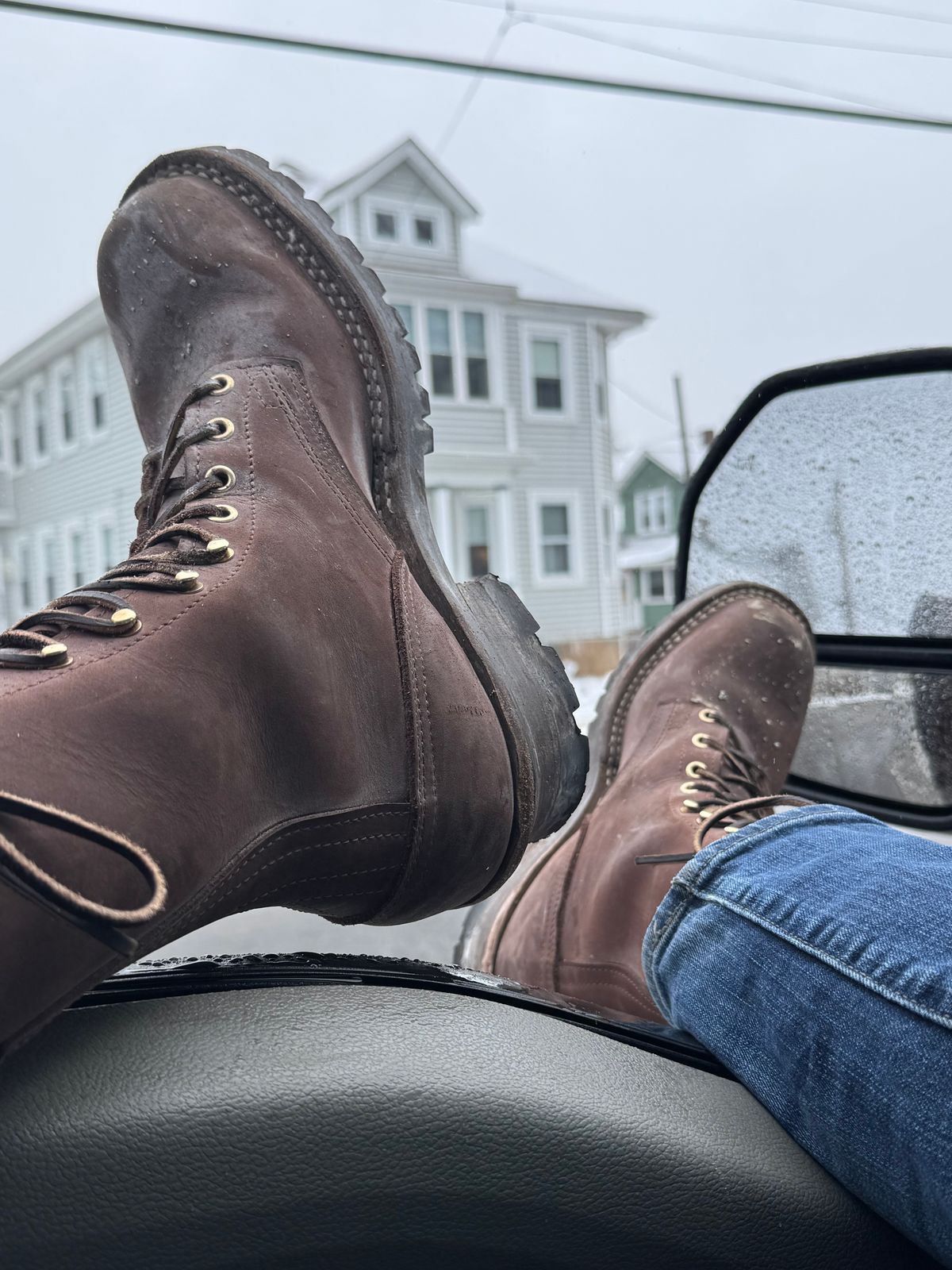 Photo by cleofus on February 6, 2025 of the Nick’s Handmade Boots Builder Pros in 1964 Mahogany.