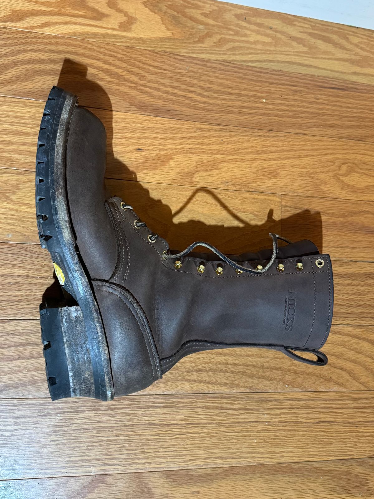 Photo by cleofus on February 15, 2025 of the Nick’s Handmade Boots Builder Pros in 1964 Mahogany.