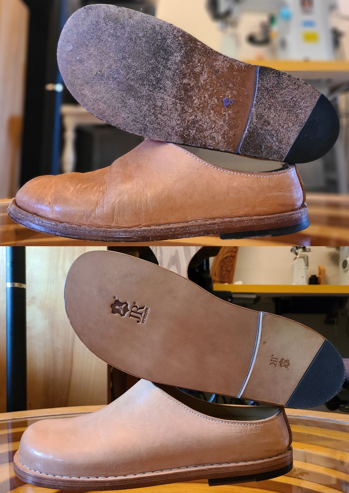 Photo by cobblerbud on April 24, 2025 of the Zak Waterlow Wholecut Veg Tan Leather Clog (Birkencrocz) in Tandy Oak-Leaf 5/6oz Natural Veg Tan.