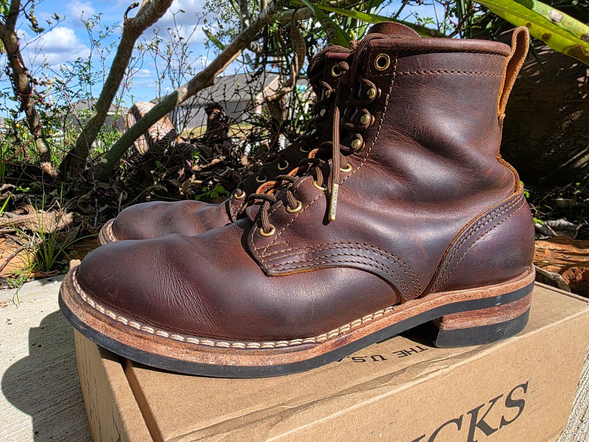 Photo by Yellowfin2na on January 1, 2026 of the Nicks Falcon in Horween Orange Predator.