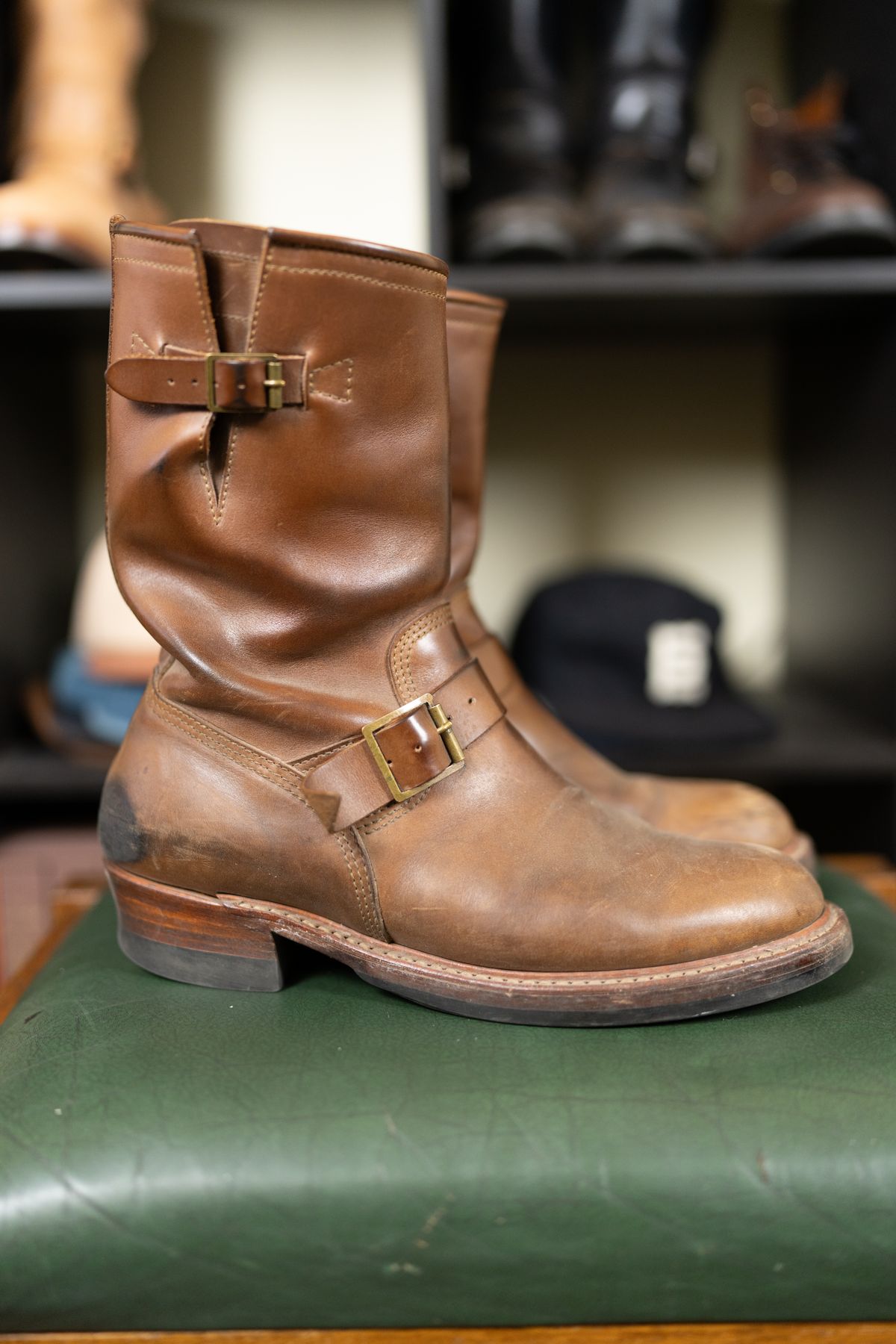 Photo by almostvintagestyle on January 19, 2025 of the John Lofgren Wabash Engineer Boots in Horween Natural Chromexcel.