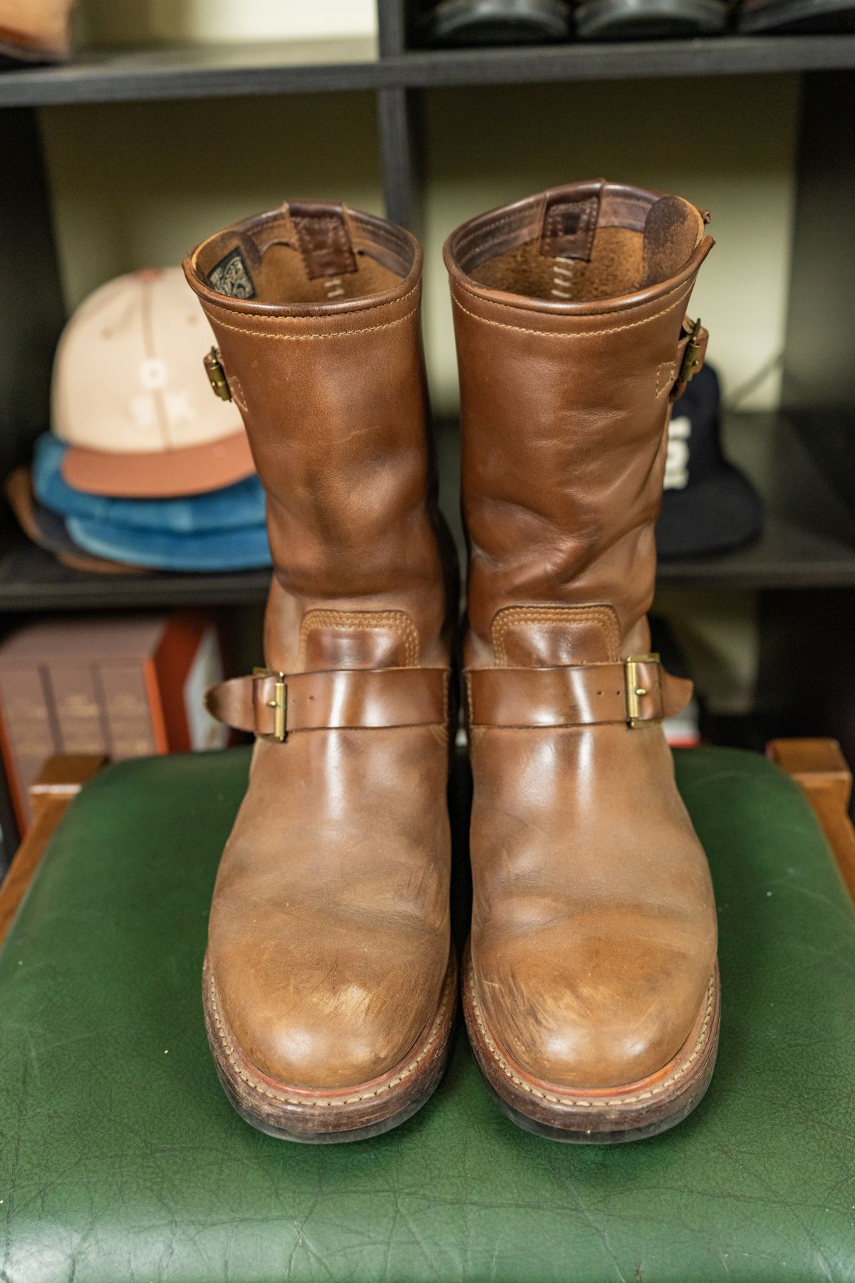 Photo by almostvintagestyle on January 19, 2025 of the John Lofgren Wabash Engineer Boots in Horween Natural Chromexcel.