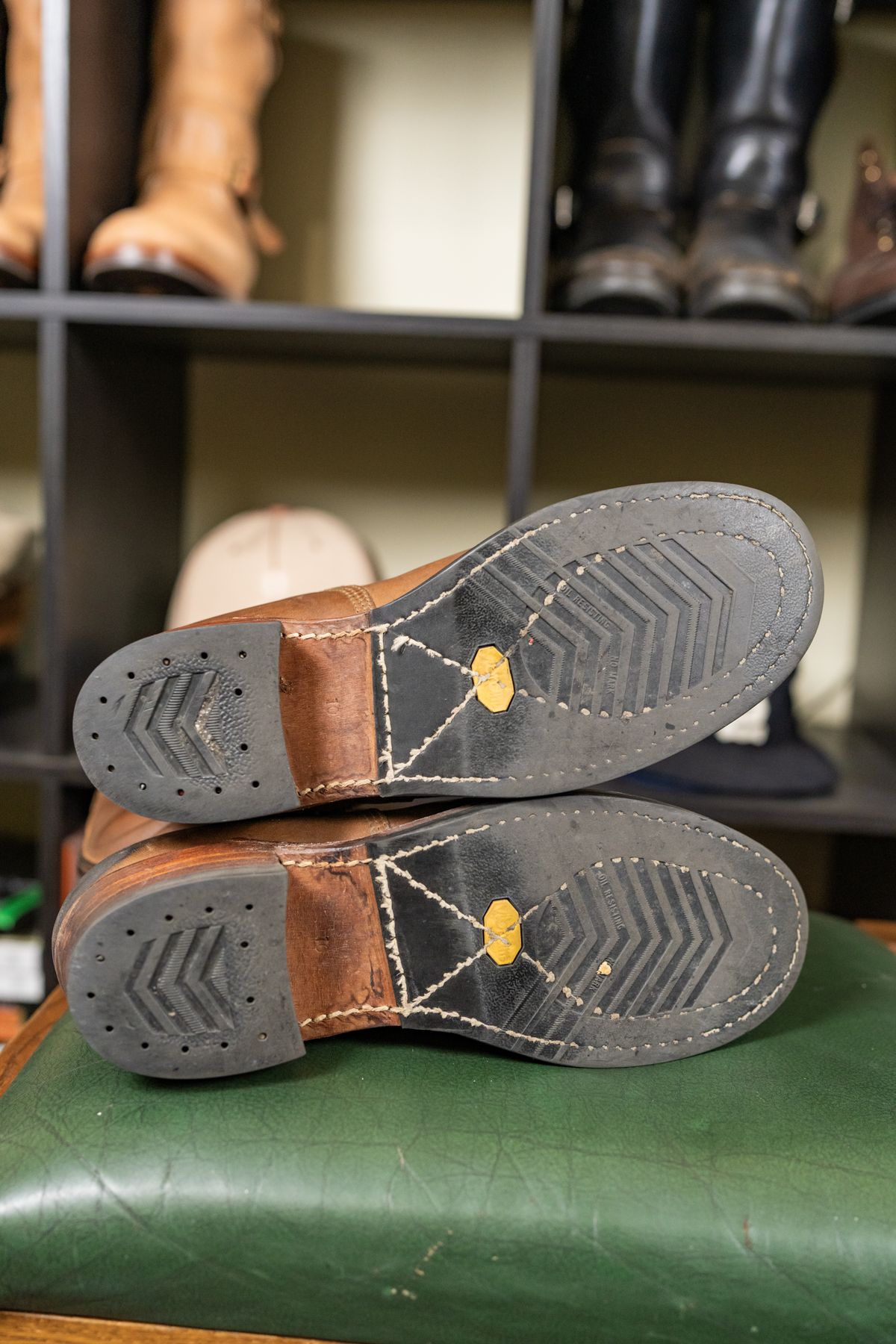 Photo by almostvintagestyle on January 19, 2025 of the John Lofgren Wabash Engineer Boots in Horween Natural Chromexcel.