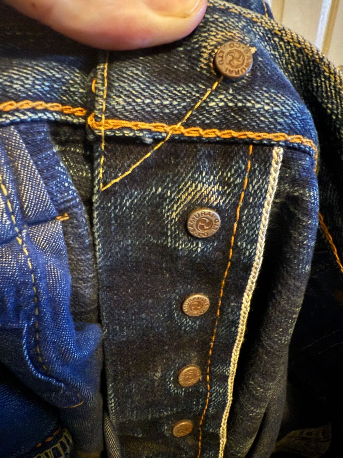 Photo by cabournmallory on June 2, 2025 of the Samurai Jeans S511GX-M 'Water' in Custom 17 Oz Double Indigo Denim Wth Natural Indigo Weft.
