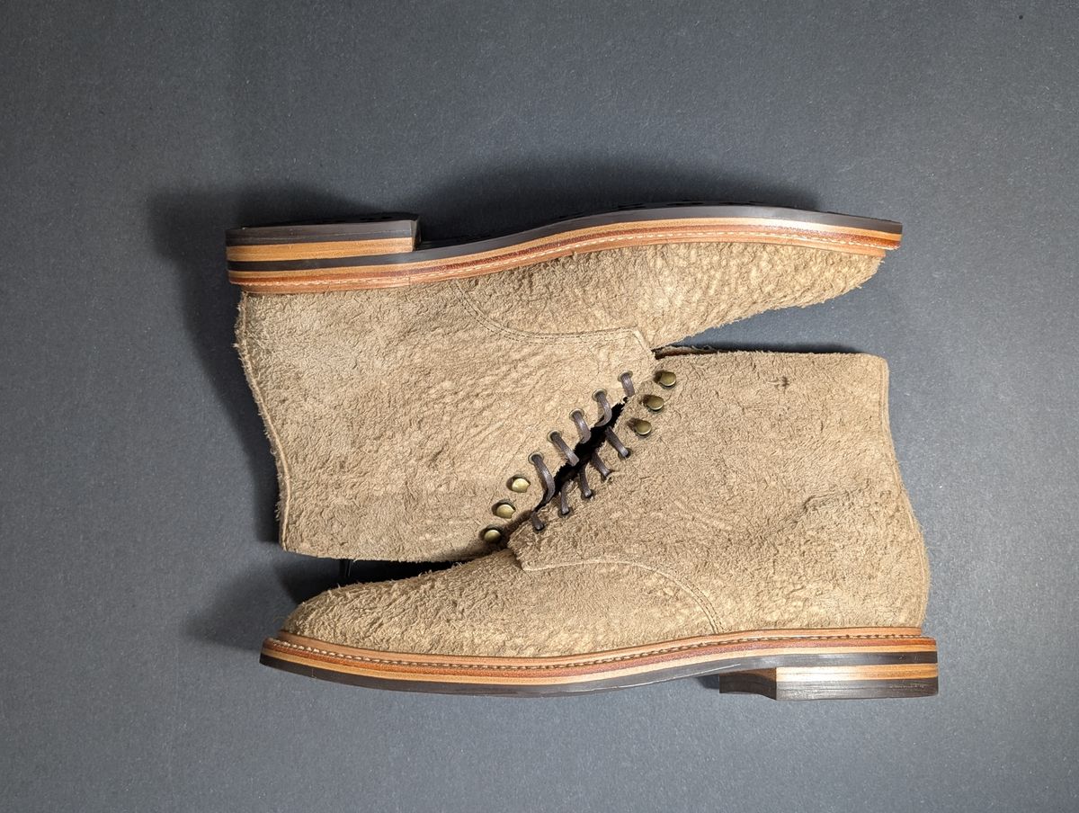 Photo by Genghis_Khant on October 1, 2025 of the Grant Stone Edward Boot in C.F. Stead Milkshake Rough Mohawk Suede.