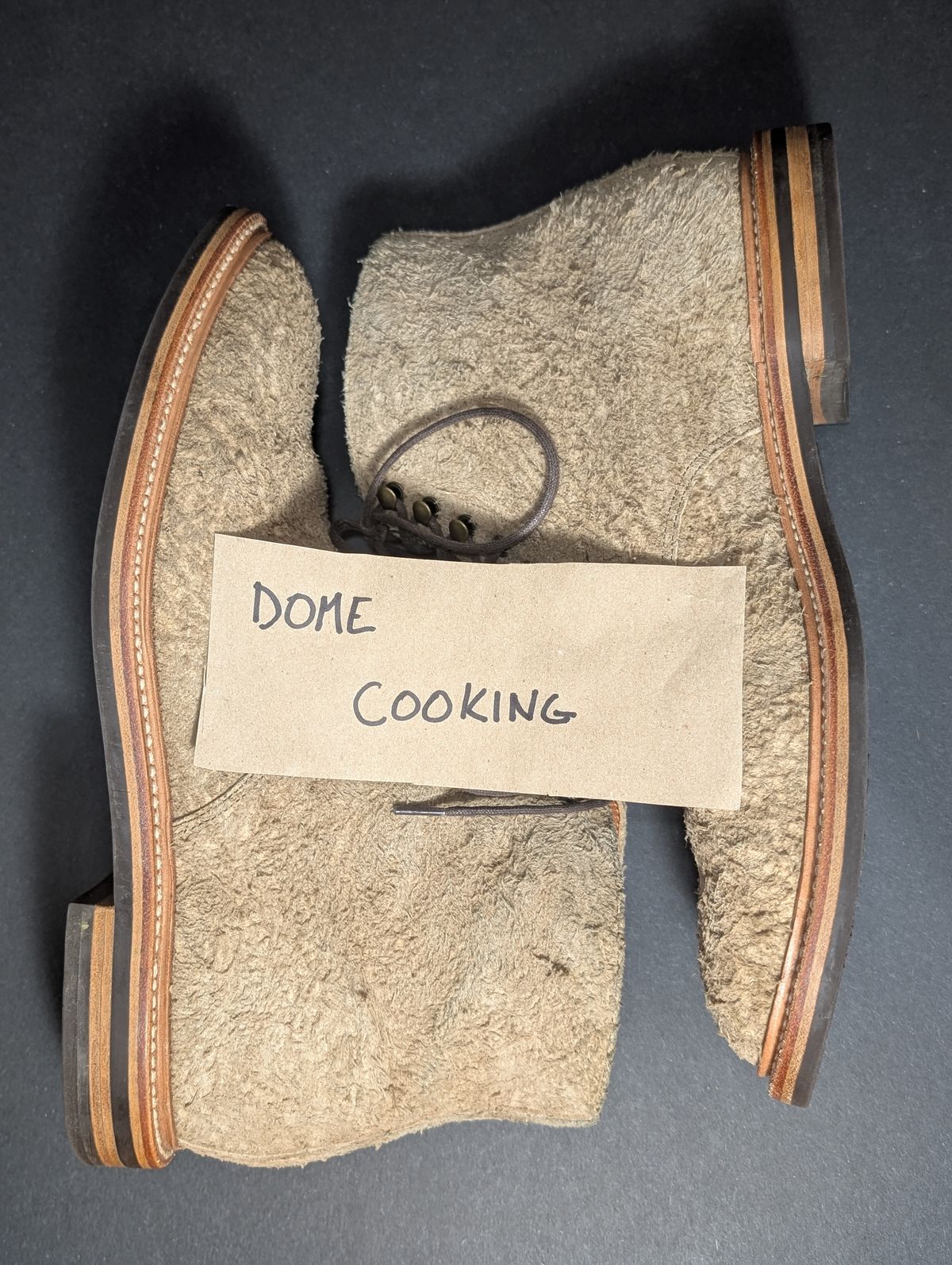 Photo by Genghis_Khant on November 1, 2025 of the Grant Stone Edward Boot in C.F. Stead Milkshake Rough Mohawk Suede.