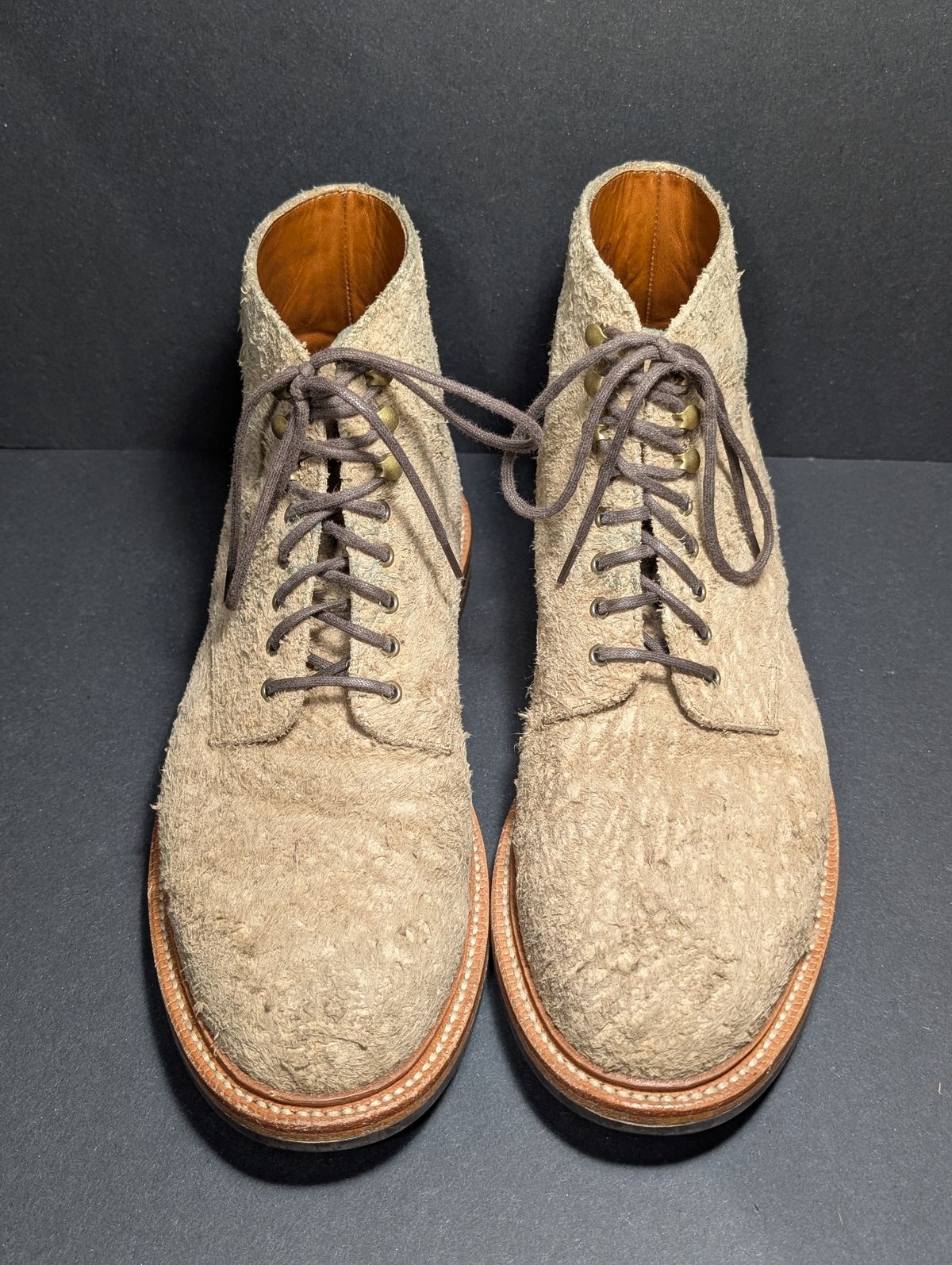Photo by Genghis_Khant on December 2, 2025 of the Grant Stone Edward Boot in C.F. Stead Milkshake Rough Mohawk Suede.