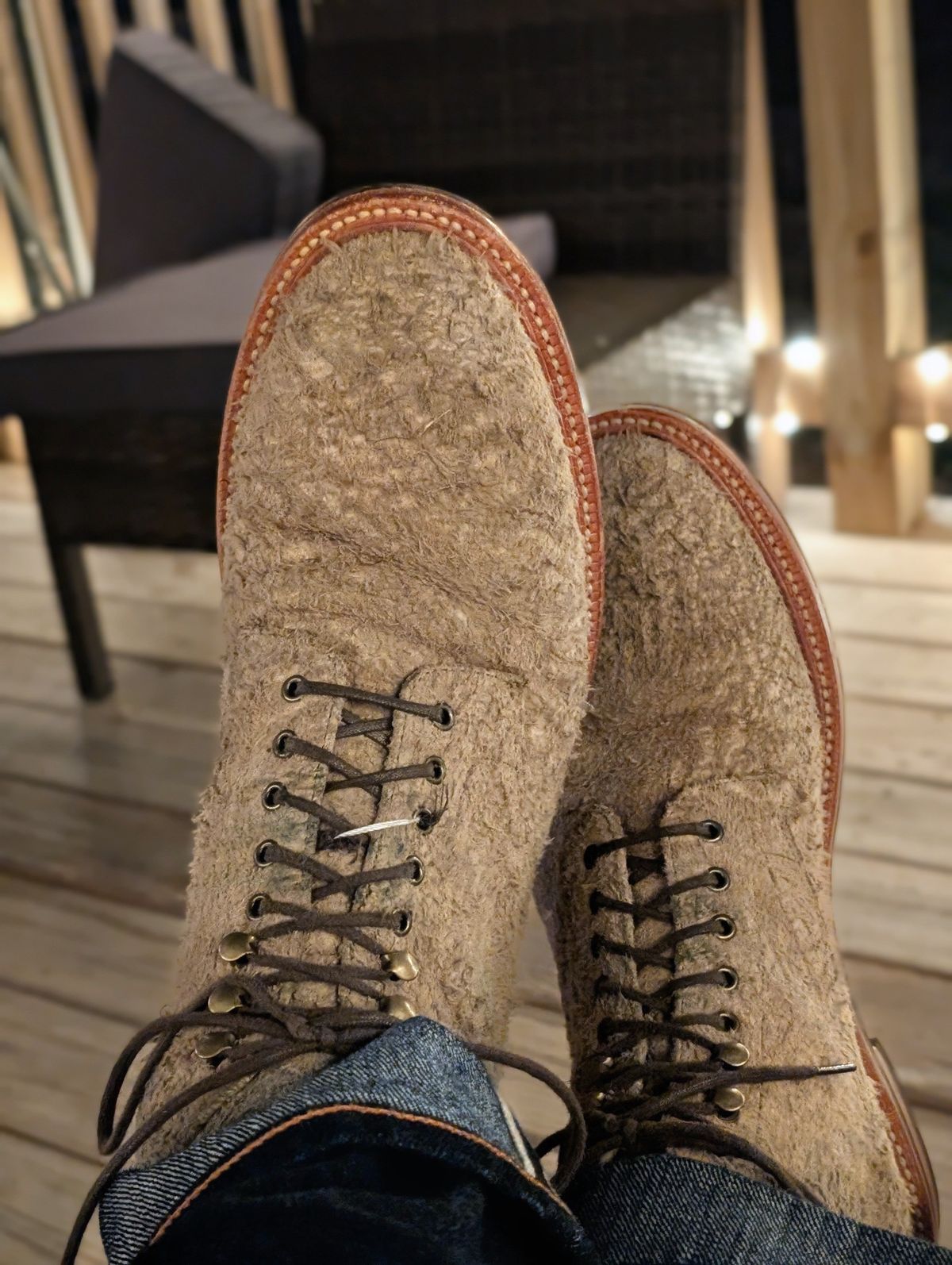 Photo by Genghis_Khant on January 7, 2026 of the Grant Stone Edward Boot in C.F. Stead Milkshake Rough Mohawk Suede.
