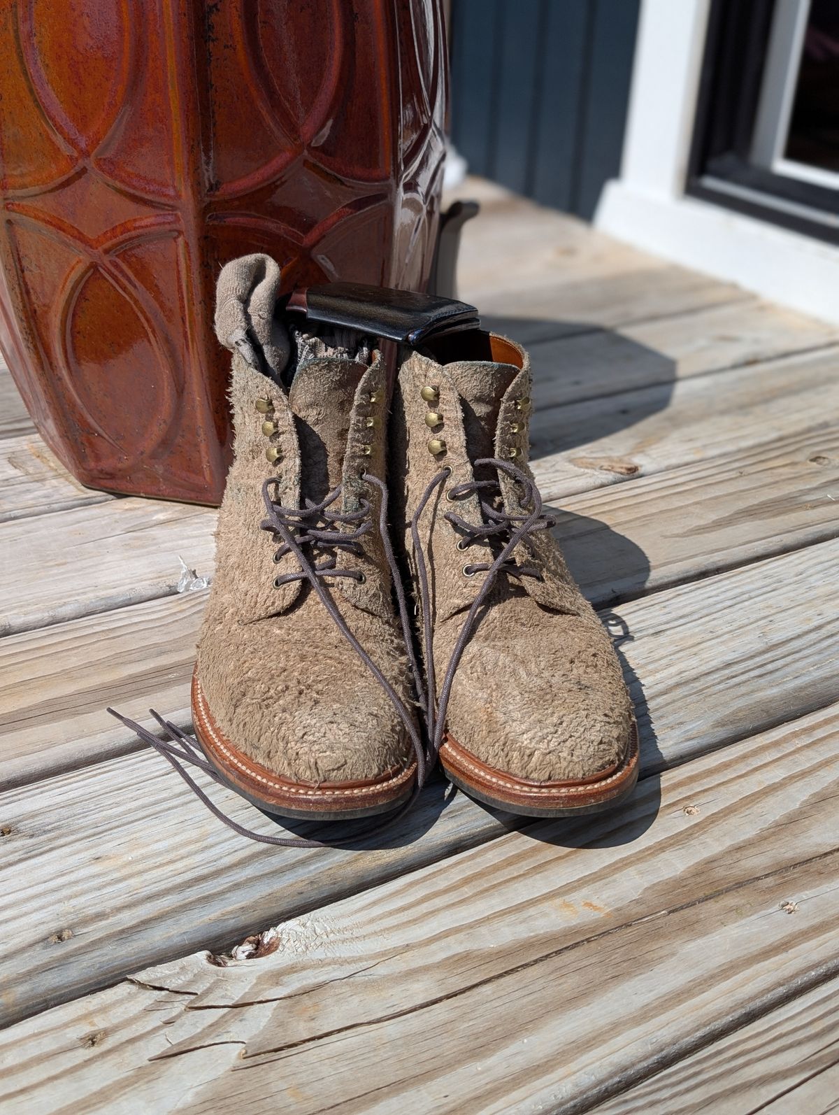 Photo by Genghis_Khant on March 20, 2026 of the Grant Stone Edward Boot in C.F. Stead Milkshake Rough Mohawk Suede.