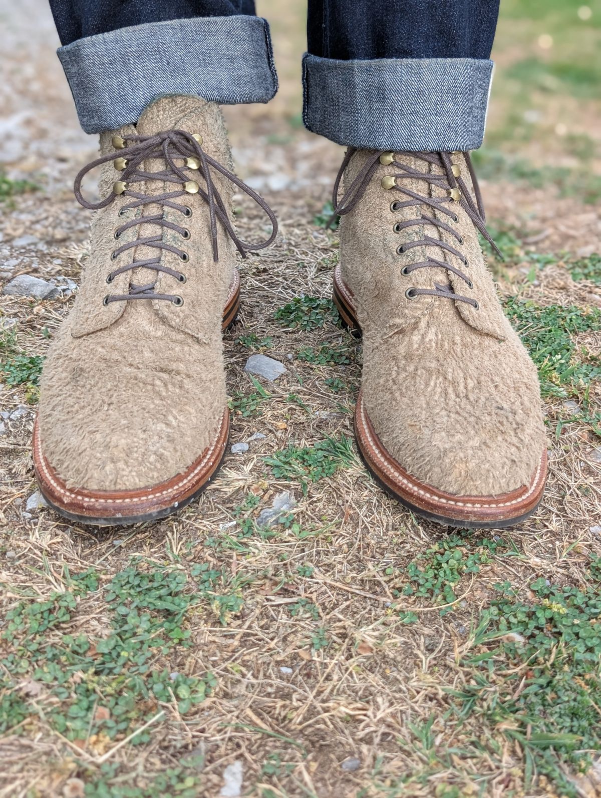 Photo by Genghis_Khant on April 4, 2026 of the Grant Stone Edward Boot in C.F. Stead Milkshake Rough Mohawk Suede.