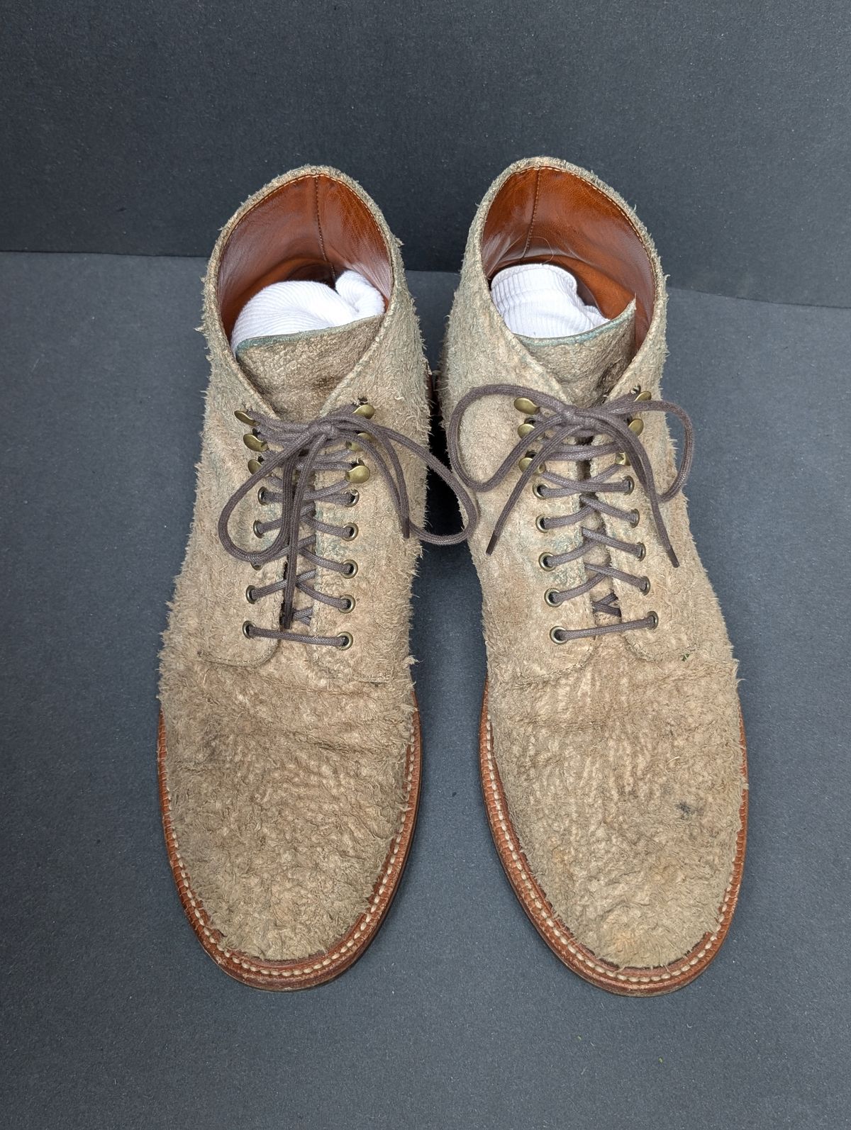 Photo by Genghis_Khant on April 4, 2026 of the Grant Stone Edward Boot in C.F. Stead Milkshake Rough Mohawk Suede.