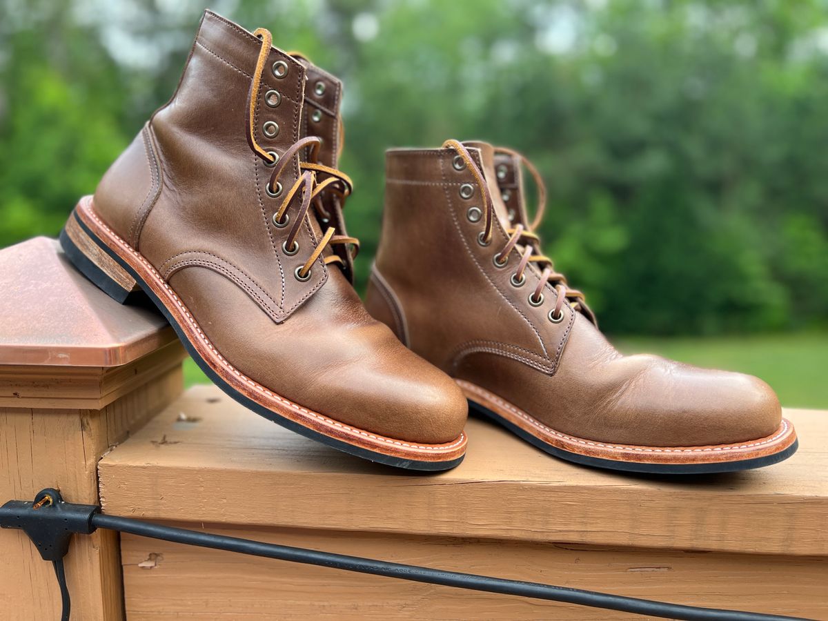 Photo by CraigM on June 5, 2023 of the Oak Street Bootmakers Trench Boot in Horween Natural Chromexcel.