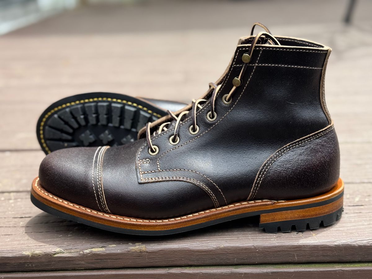 Photo by Barbaq on May 27, 2025 of the Truman Cap Toe Boot in Horween Java Waxed Flesh.