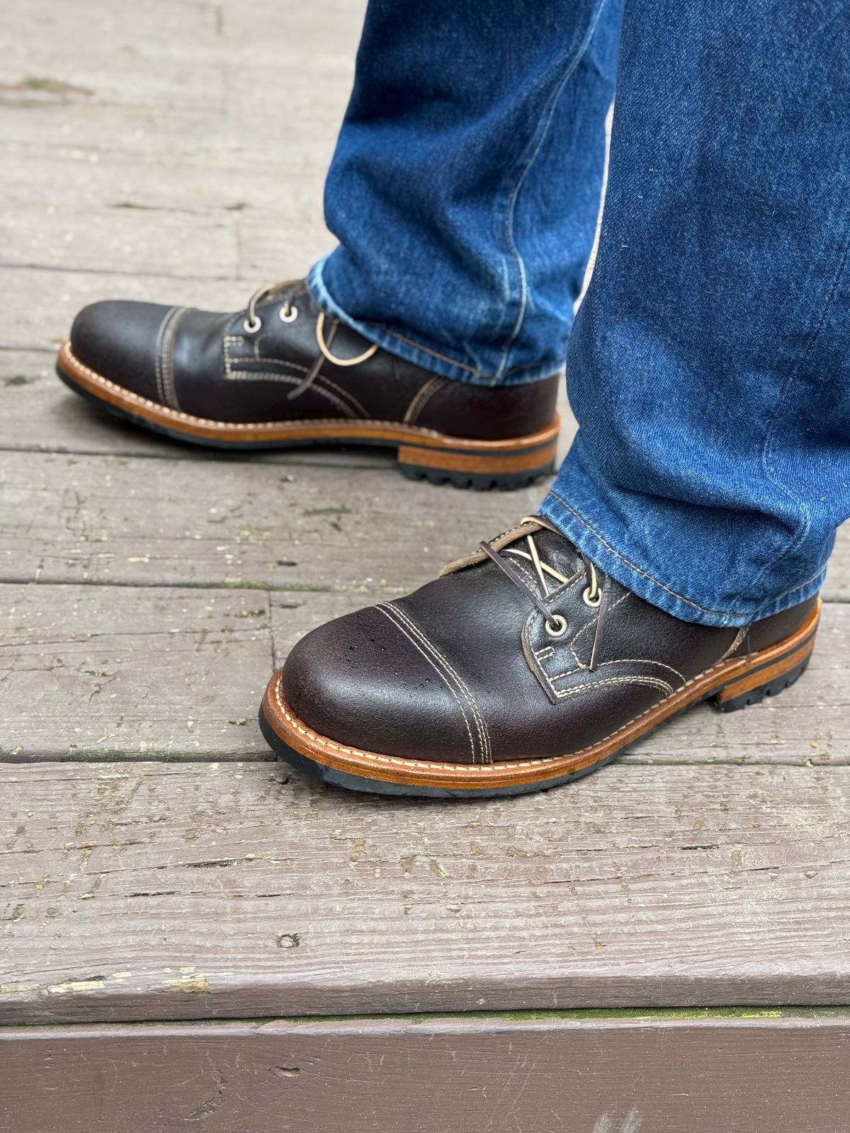 Photo by Barbaq on June 9, 2025 of the Truman Cap Toe Boot in Horween Java Waxed Flesh.