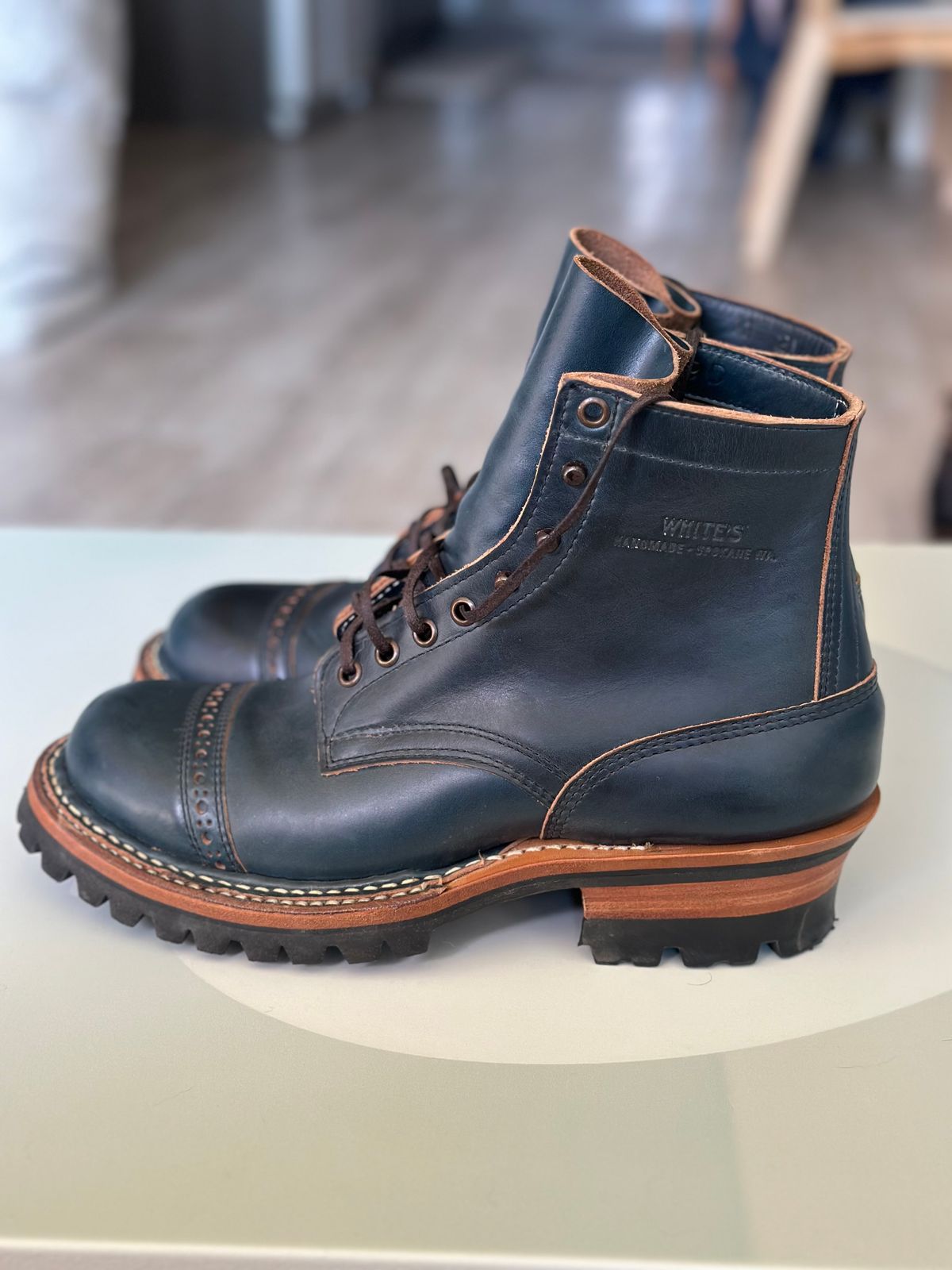 Photo by steven_suave on November 3, 2025 of the White's Bounty Hunter in Horween Navy Chromexcel.