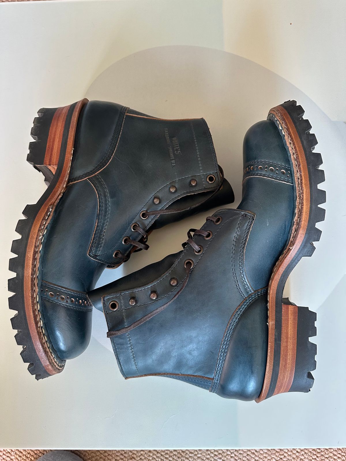 Photo by steven_suave on November 3, 2025 of the White's Bounty Hunter in Horween Navy Chromexcel.