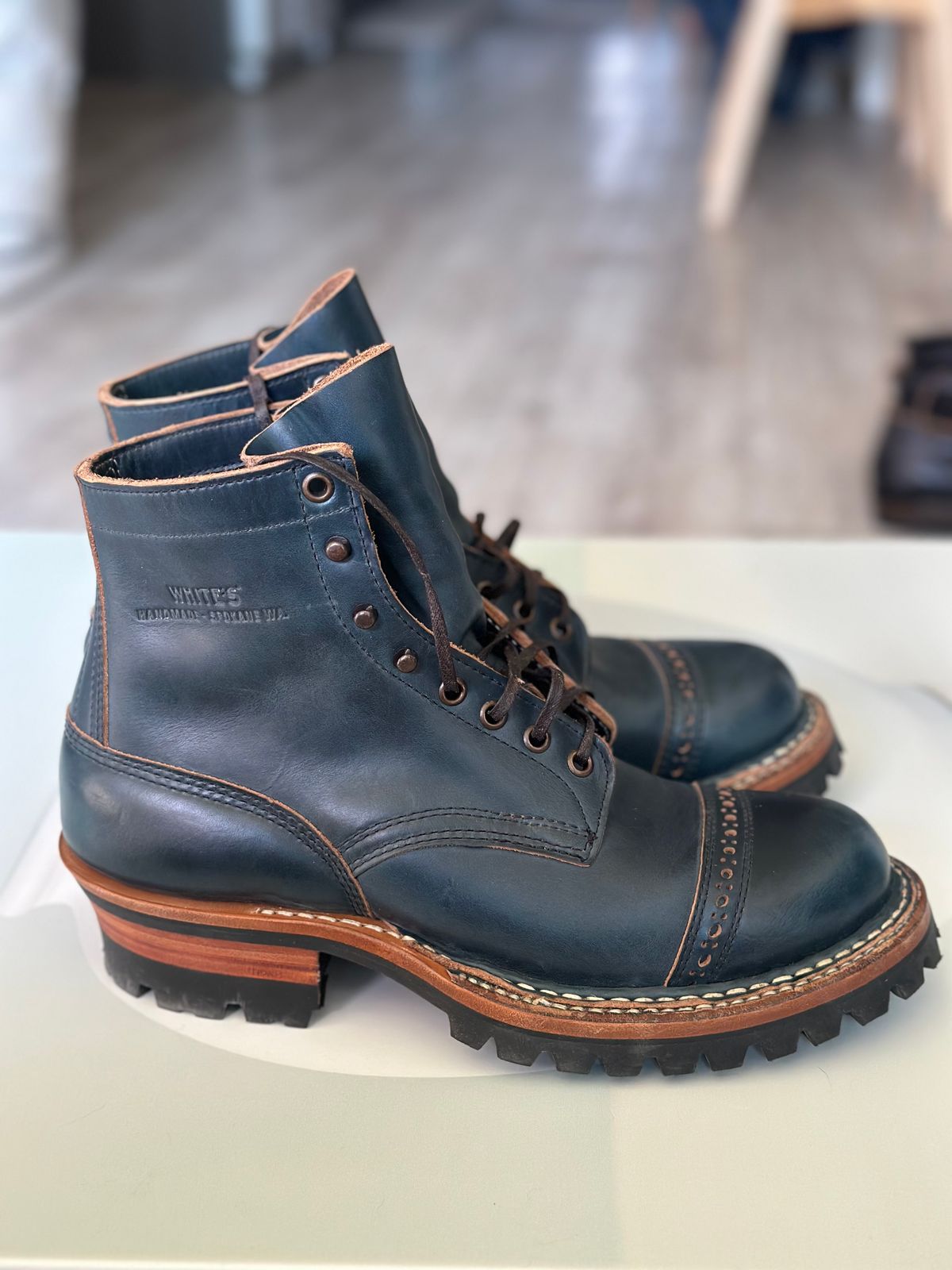 Photo by steven_suave on November 3, 2025 of the White's Bounty Hunter in Horween Navy Chromexcel.