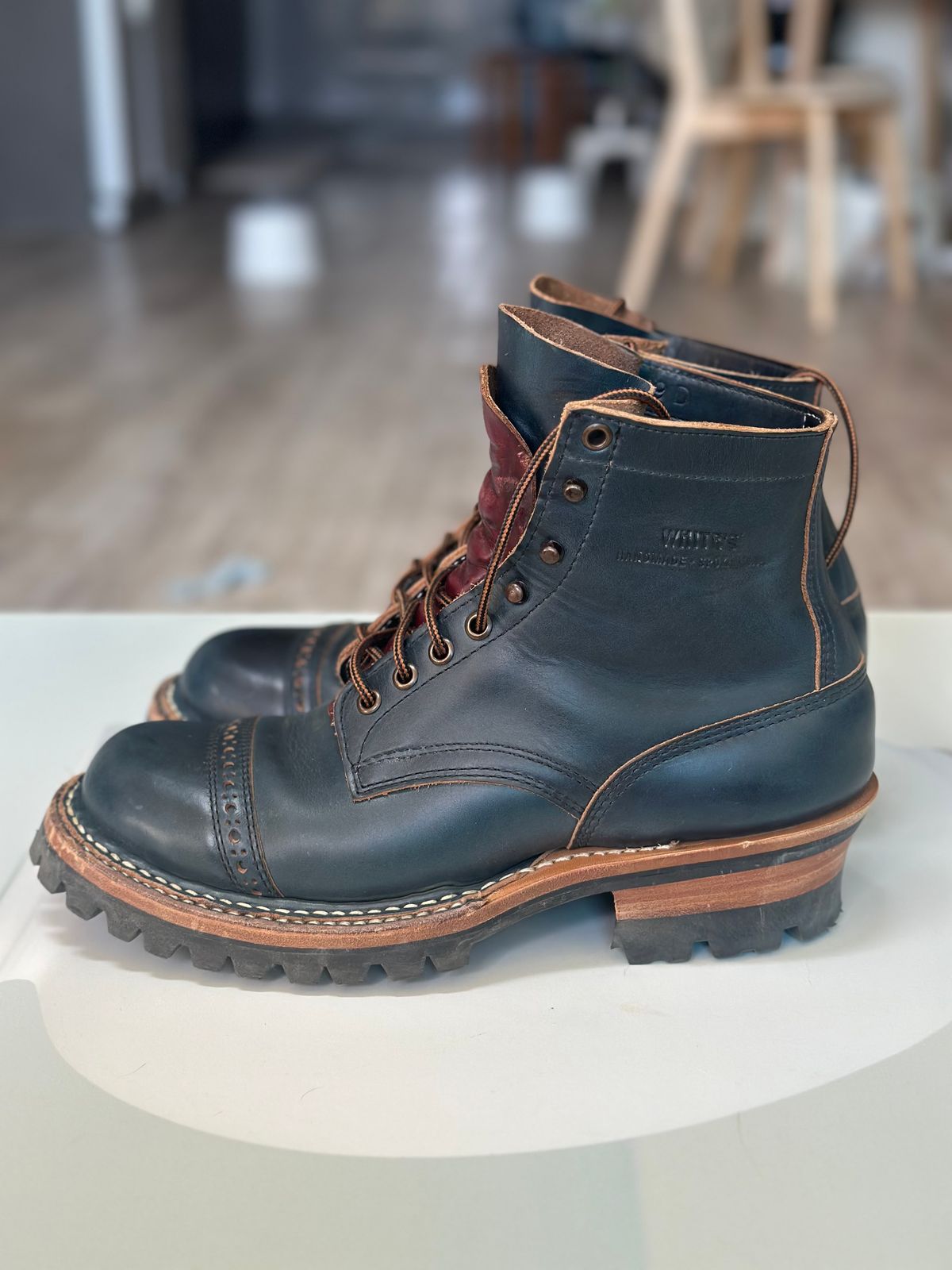 Photo by steven_suave on December 6, 2025 of the White's Bounty Hunter in Horween Navy Chromexcel.