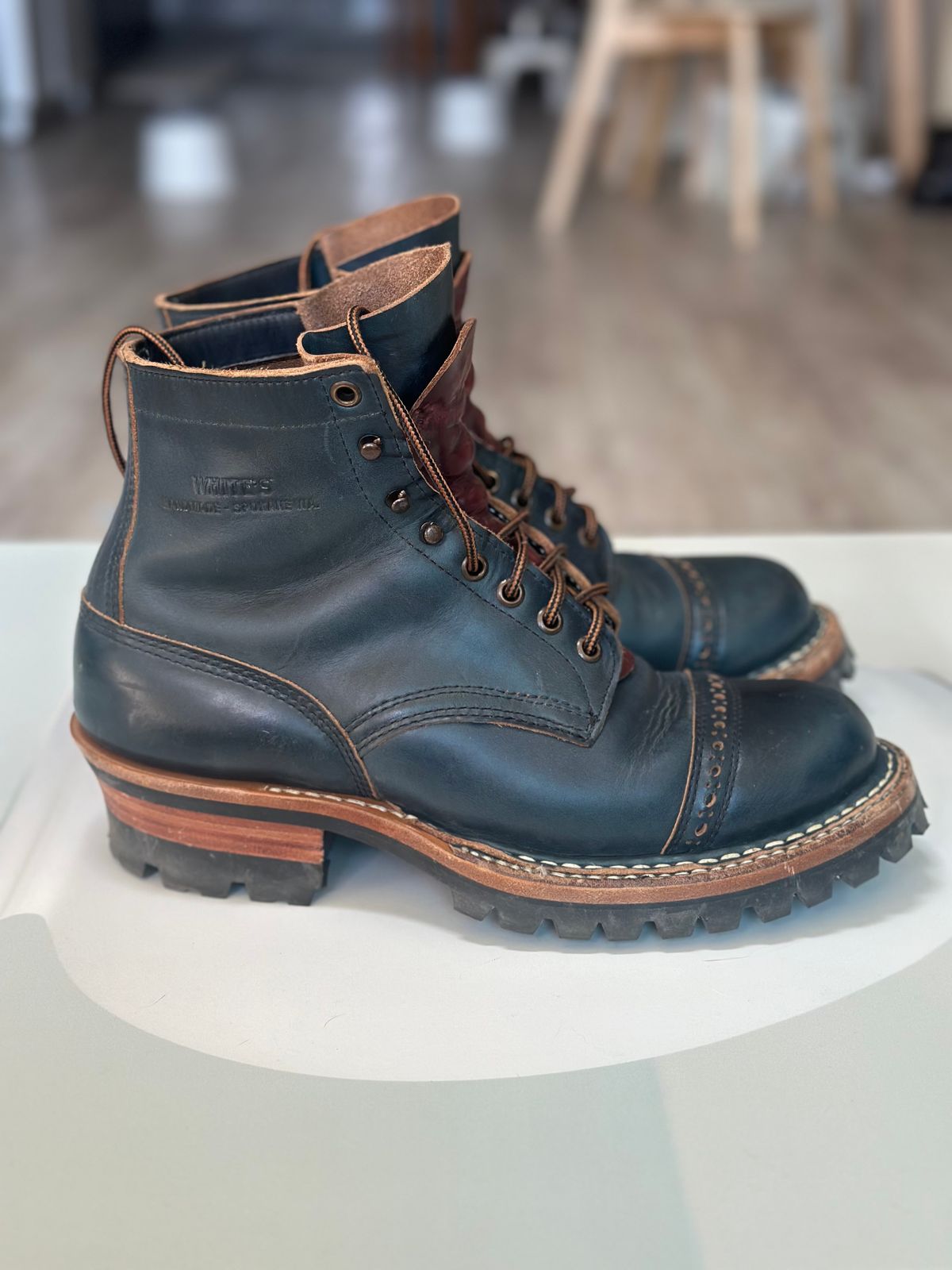 Photo by steven_suave on December 6, 2025 of the White's Bounty Hunter in Horween Navy Chromexcel.