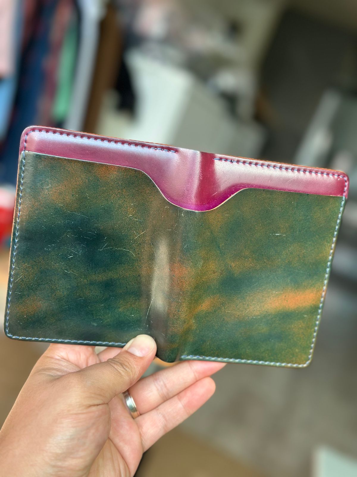 Photo by steven_suave on November 3, 2025 of the Ashland Leather Fat Herbie in Horween Marbled Blue Shell Cordovan & Horween Magenta Shell Cordovan.