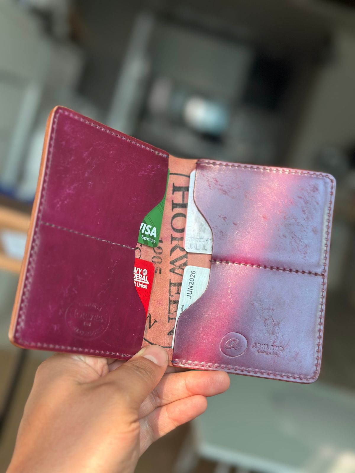 Photo by steven_suave on November 3, 2025 of the Ashland Leather Fat Herbie in Horween Marbled Blue Shell Cordovan & Horween Magenta Shell Cordovan.