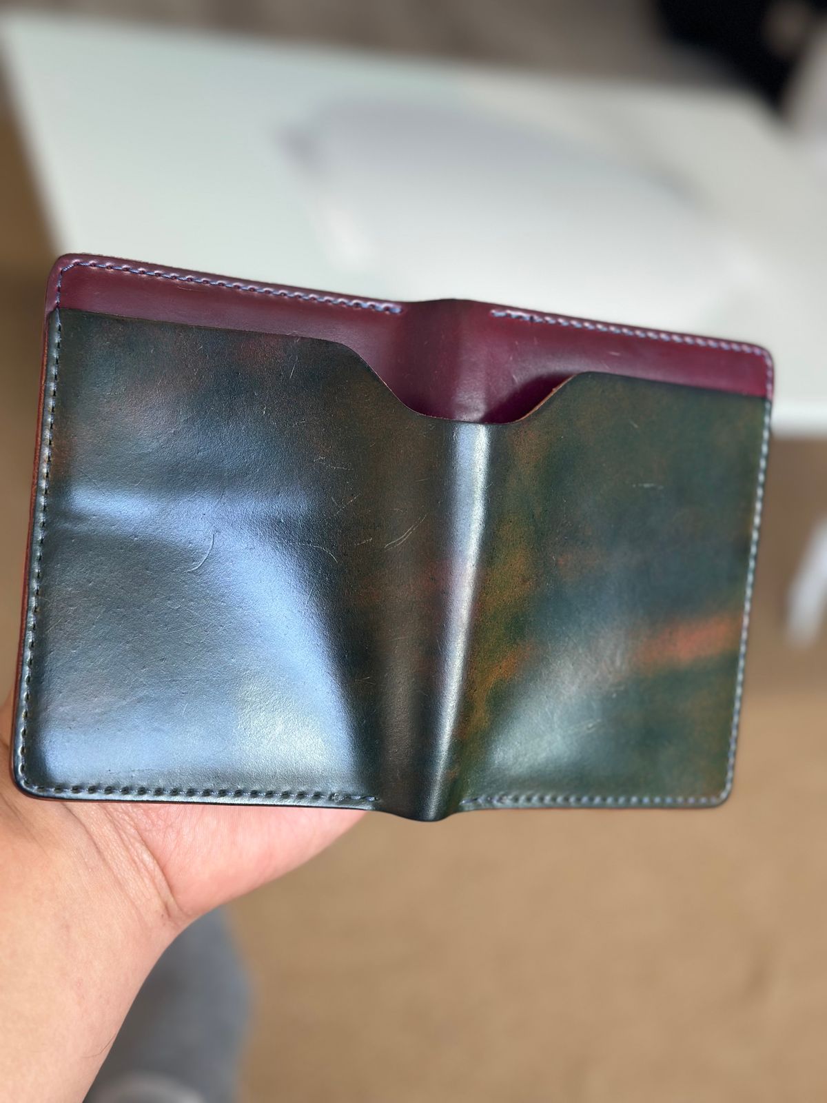 Photo by steven_suave on December 6, 2025 of the Ashland Leather Fat Herbie in Horween Marbled Blue Shell Cordovan & Horween Magenta Shell Cordovan.