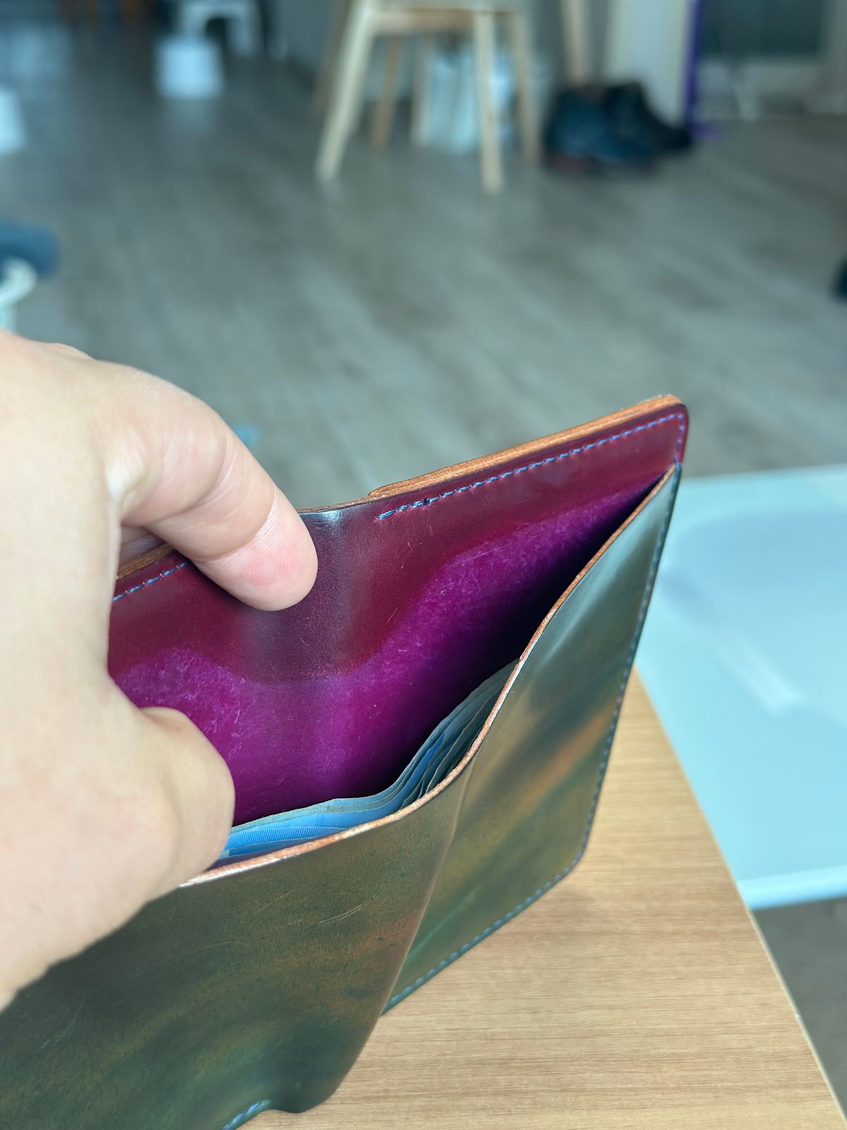 Photo by steven_suave on December 6, 2025 of the Ashland Leather Fat Herbie in Horween Marbled Blue Shell Cordovan & Horween Magenta Shell Cordovan.