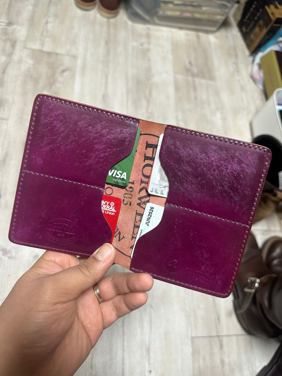 Photo by steven_suave on January 5, 2026 of the Ashland Leather Fat Herbie in Horween Marbled Blue Shell Cordovan & Horween Magenta Shell Cordovan.