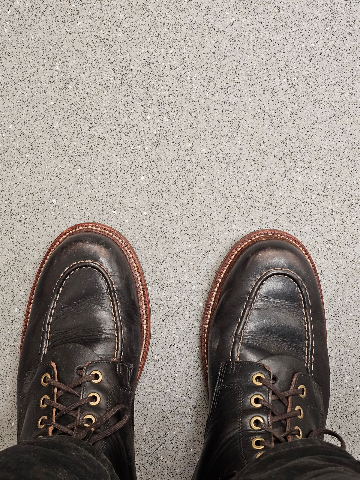 Photo by Luke.to.Boot on July 3, 2025 of the Grant Stone Brass Boot in Horween Black Chromexcel.